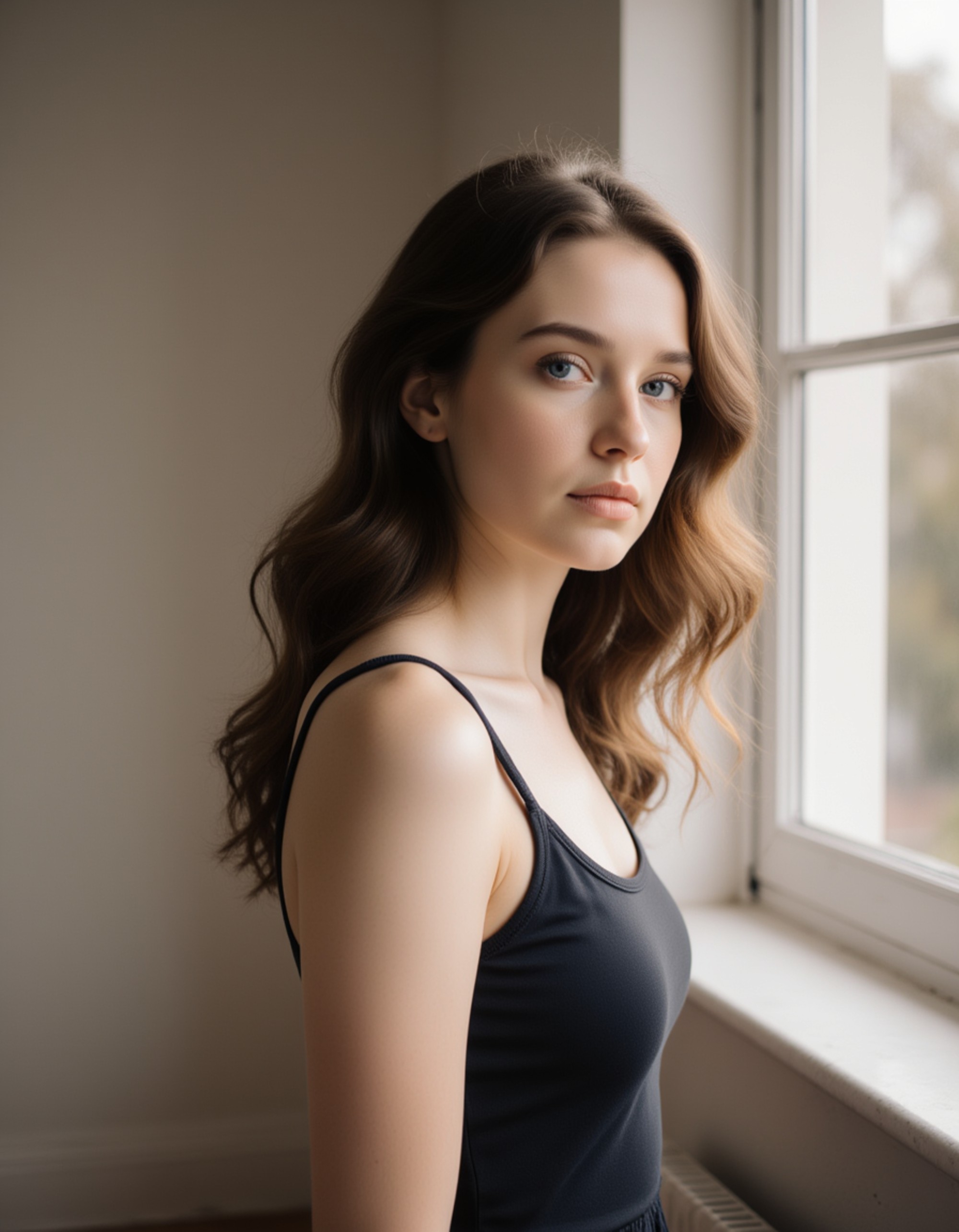 model standing near a window with natural light shaping the face beautifully, relaxed posture, subtle hair movement, clean dating-profile aesthetic