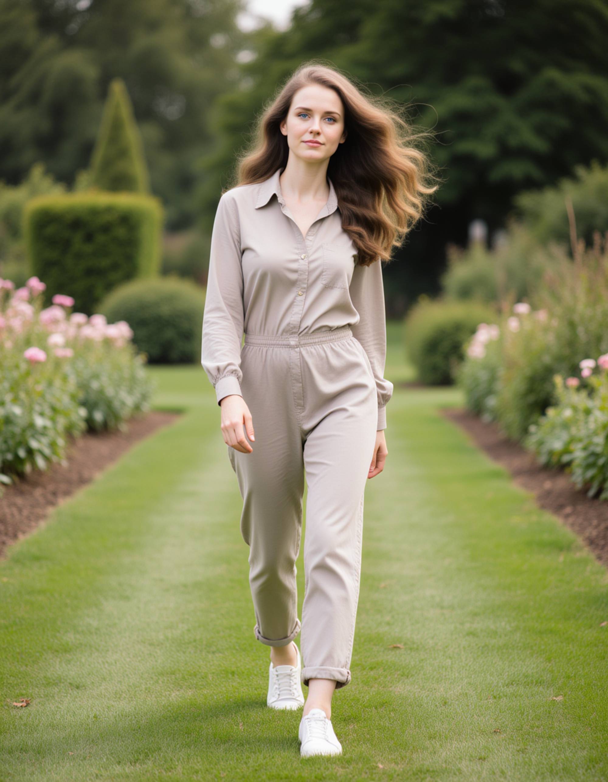 model walking through a botanical garden, soft background blur, light breeze in the hair, effortless charm and an inviting vibe