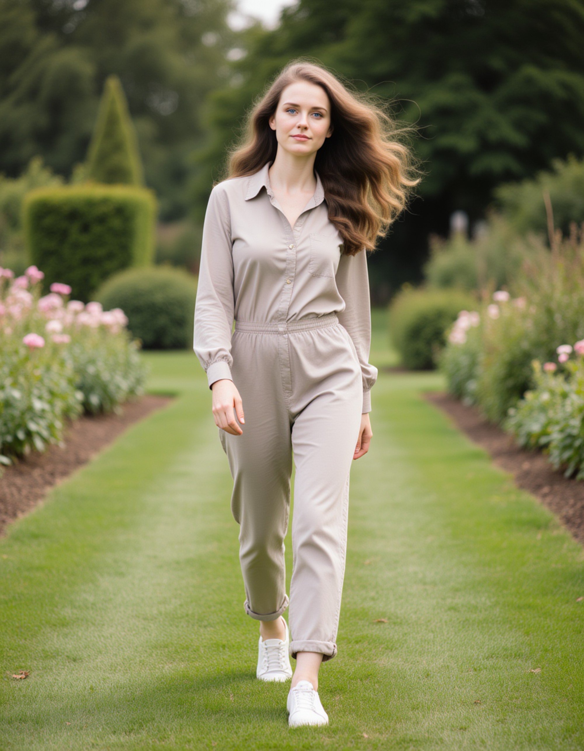 model walking through a botanical garden, soft background blur, light breeze in the hair, effortless charm and an inviting vibe
