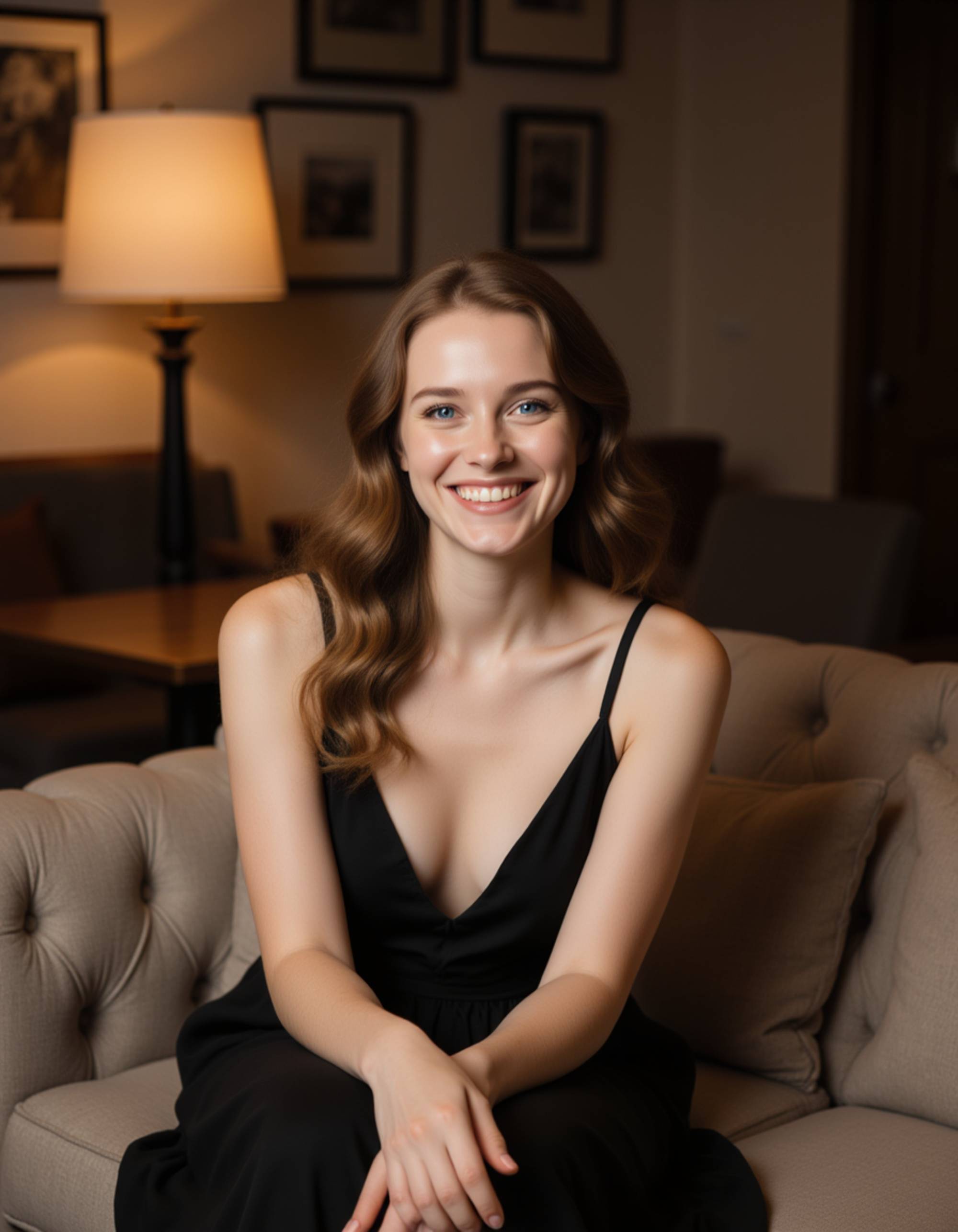 model seated on a cozy sofa with warm indoor lighting, friendly smile, elegant yet simple outfit, intimate and authentic portrait style