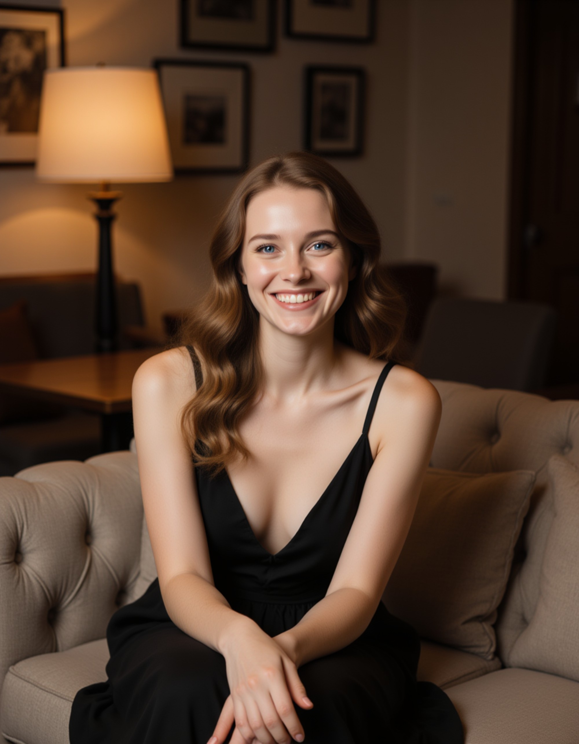 model seated on a cozy sofa with warm indoor lighting, friendly smile, elegant yet simple outfit, intimate and authentic portrait style