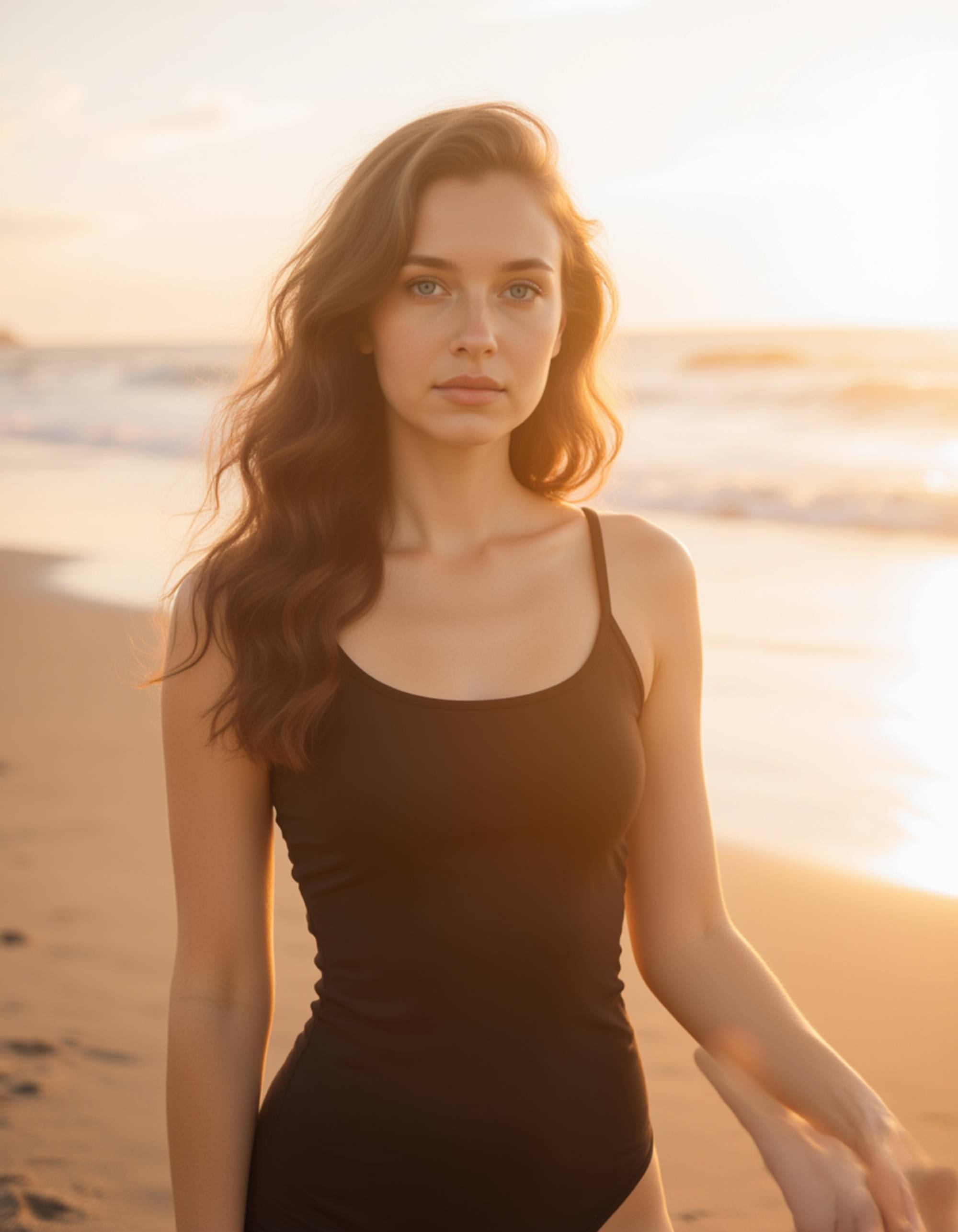 model at a quiet beach during golden hour, soft glowing light, serene expression, natural beauty highlighted in a cinematic dating-app style shot