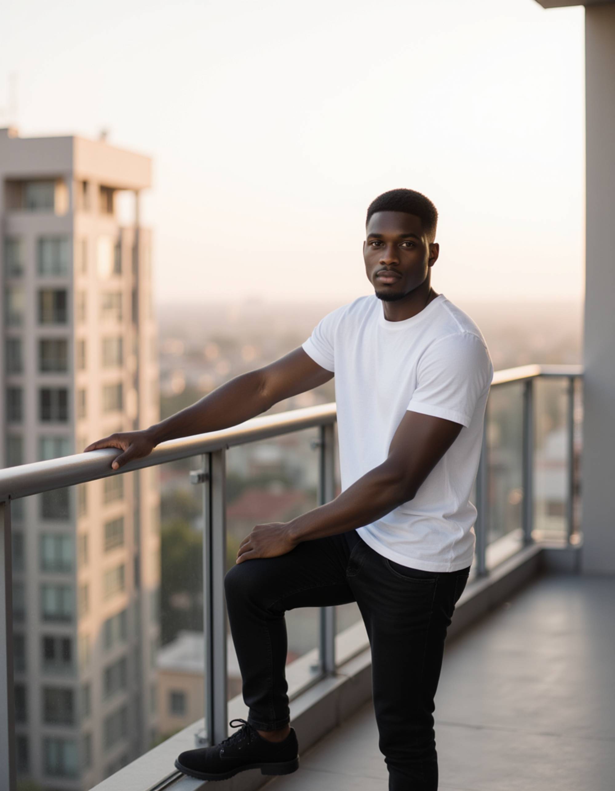 model on a balcony overlooking the city, relaxed stance with one hand on the railing, clean outfit, soft daylight creating a confident dating-profile look