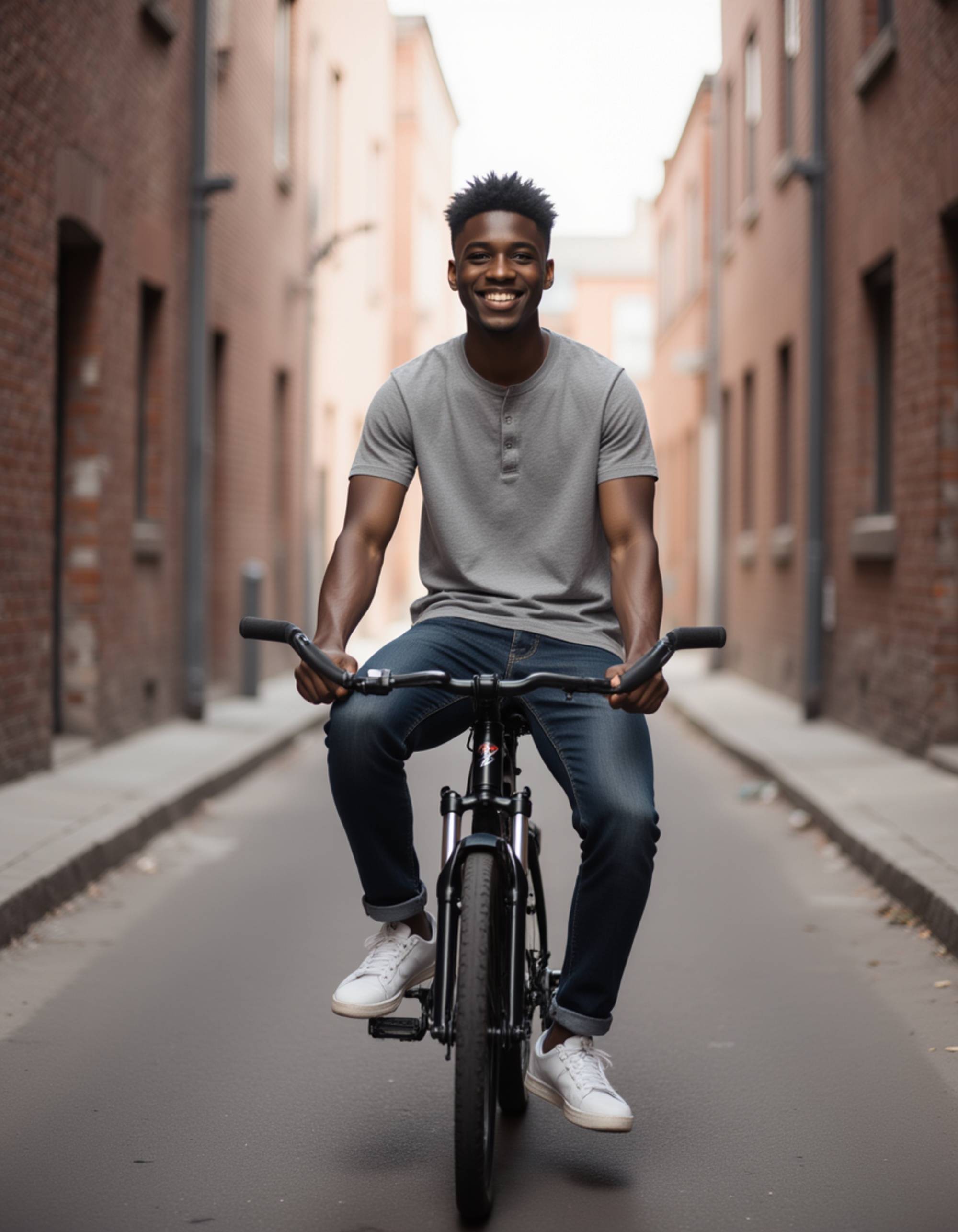 model sitting on a bicycle in a quiet street, casual posture, natural smile, warm tones and an approachable Hinge-style aesthetic