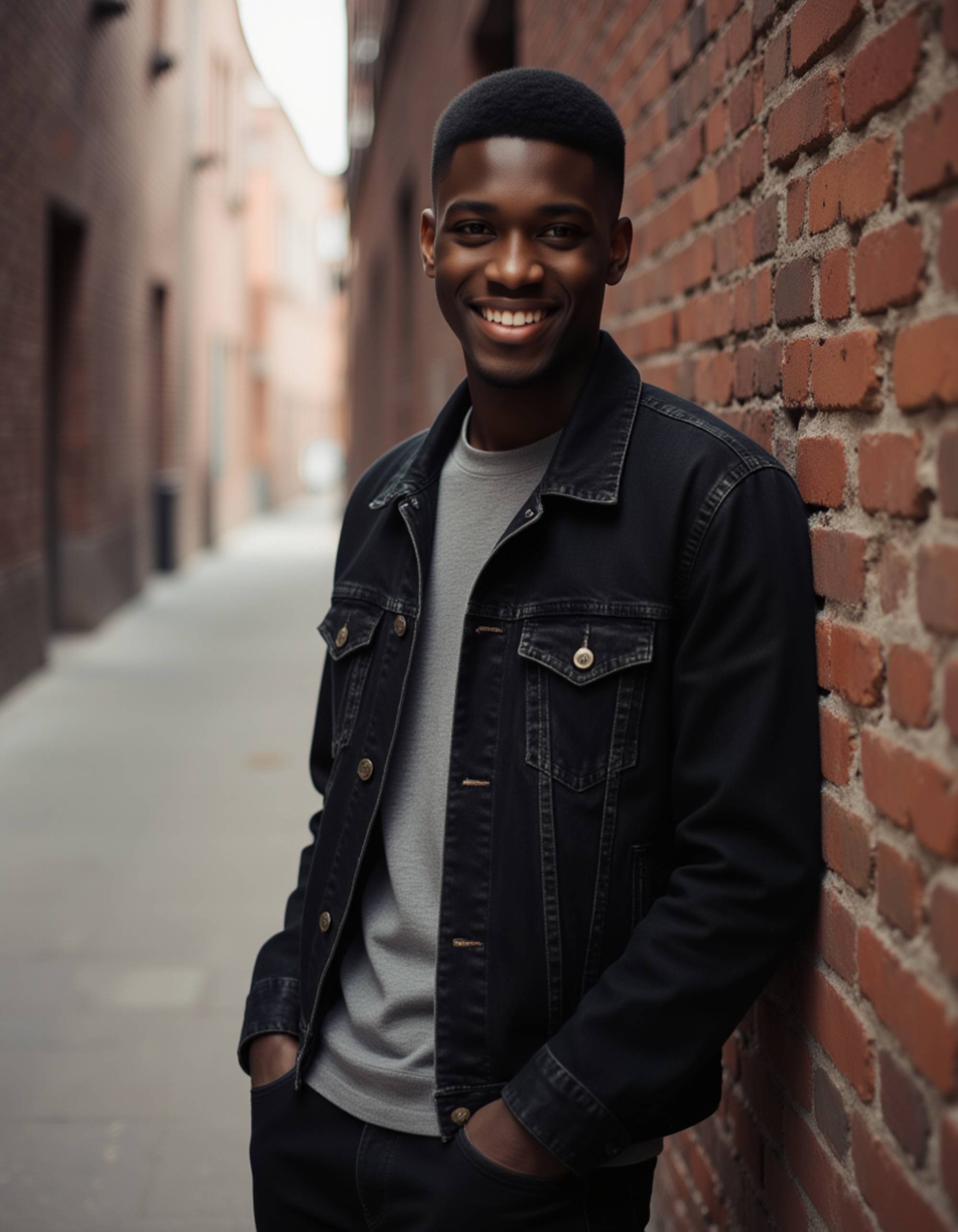 model leaning against a brick wall, subtle smirk, hands slightly tucked in jacket pockets, moody yet friendly vibe with soft background blur