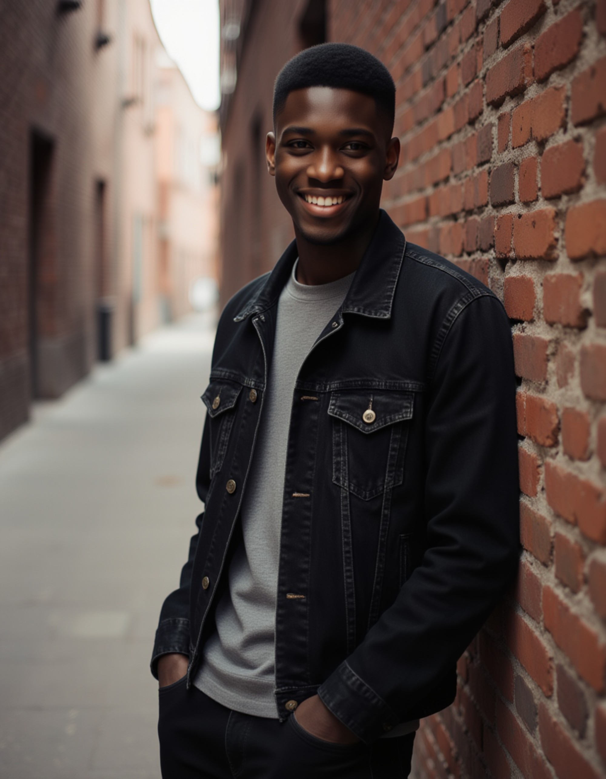 model leaning against a brick wall, subtle smirk, hands slightly tucked in jacket pockets, moody yet friendly vibe with soft background blur