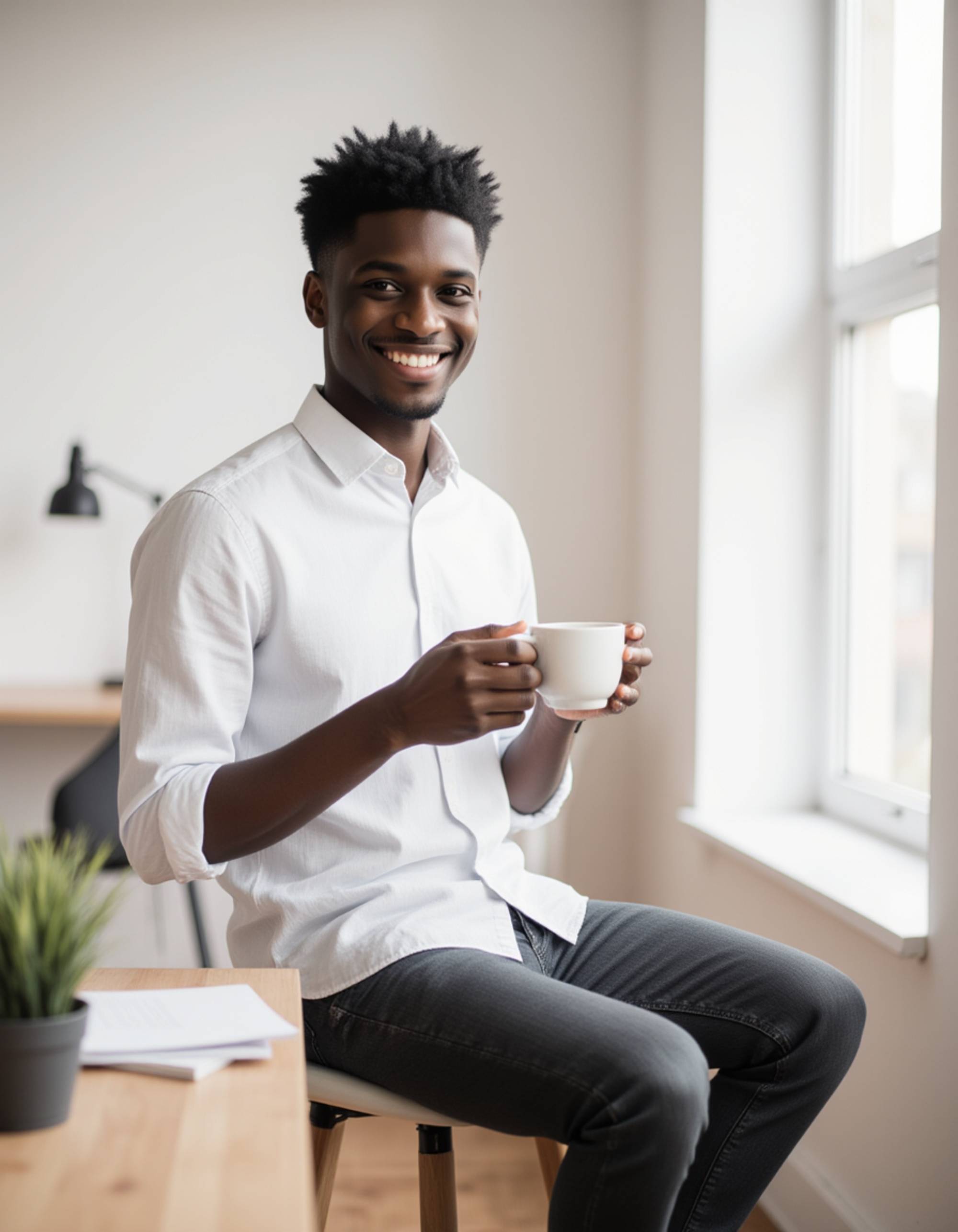 model at a minimalist workspace holding a coffee cup, relaxed posture, neat styling, genuine smile perfect for a modern dating-app portrait
