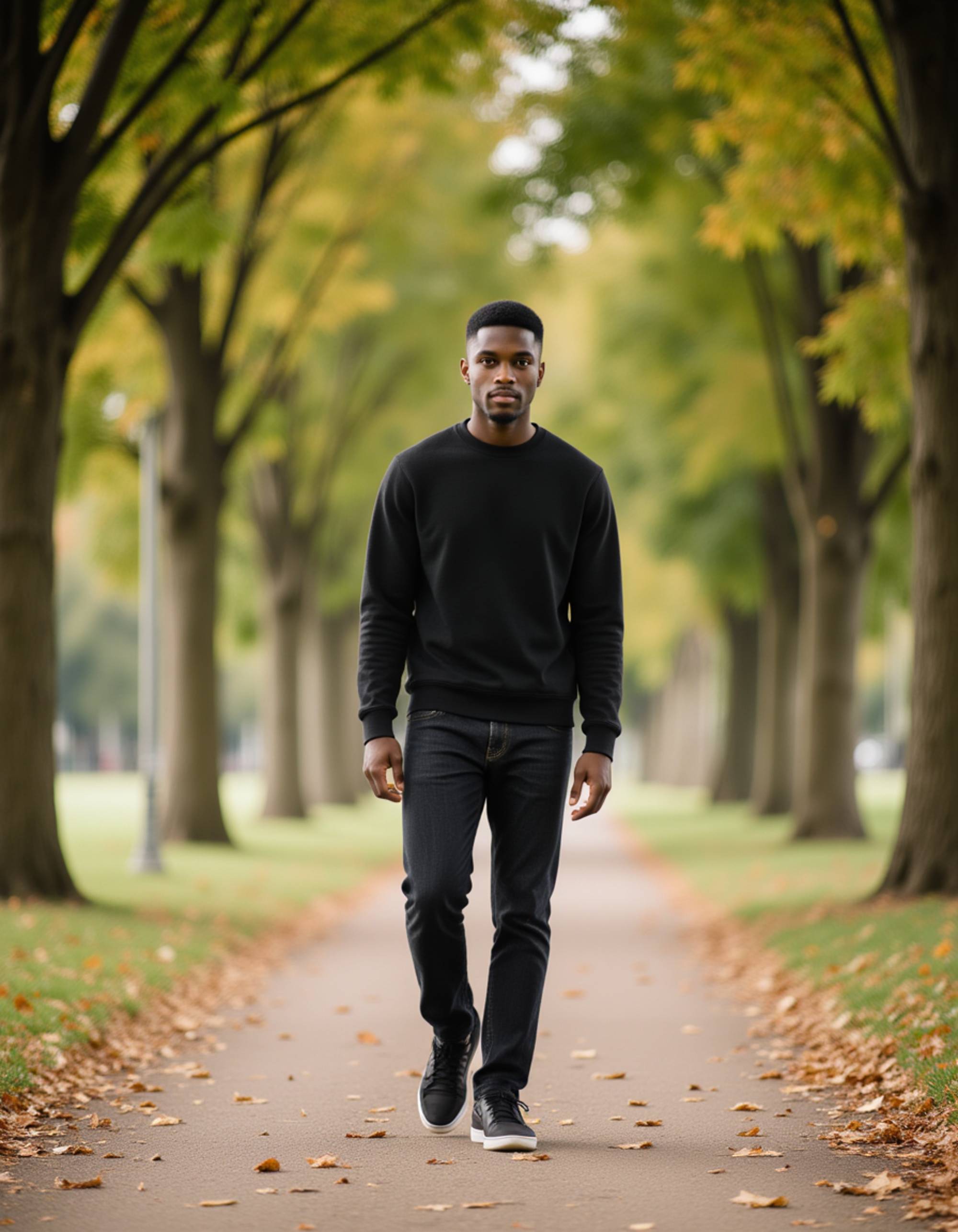 model walking along a tree-lined path, sunlight filtering through leaves, confident stride, natural lifestyle portrait ideal for Hinge photos