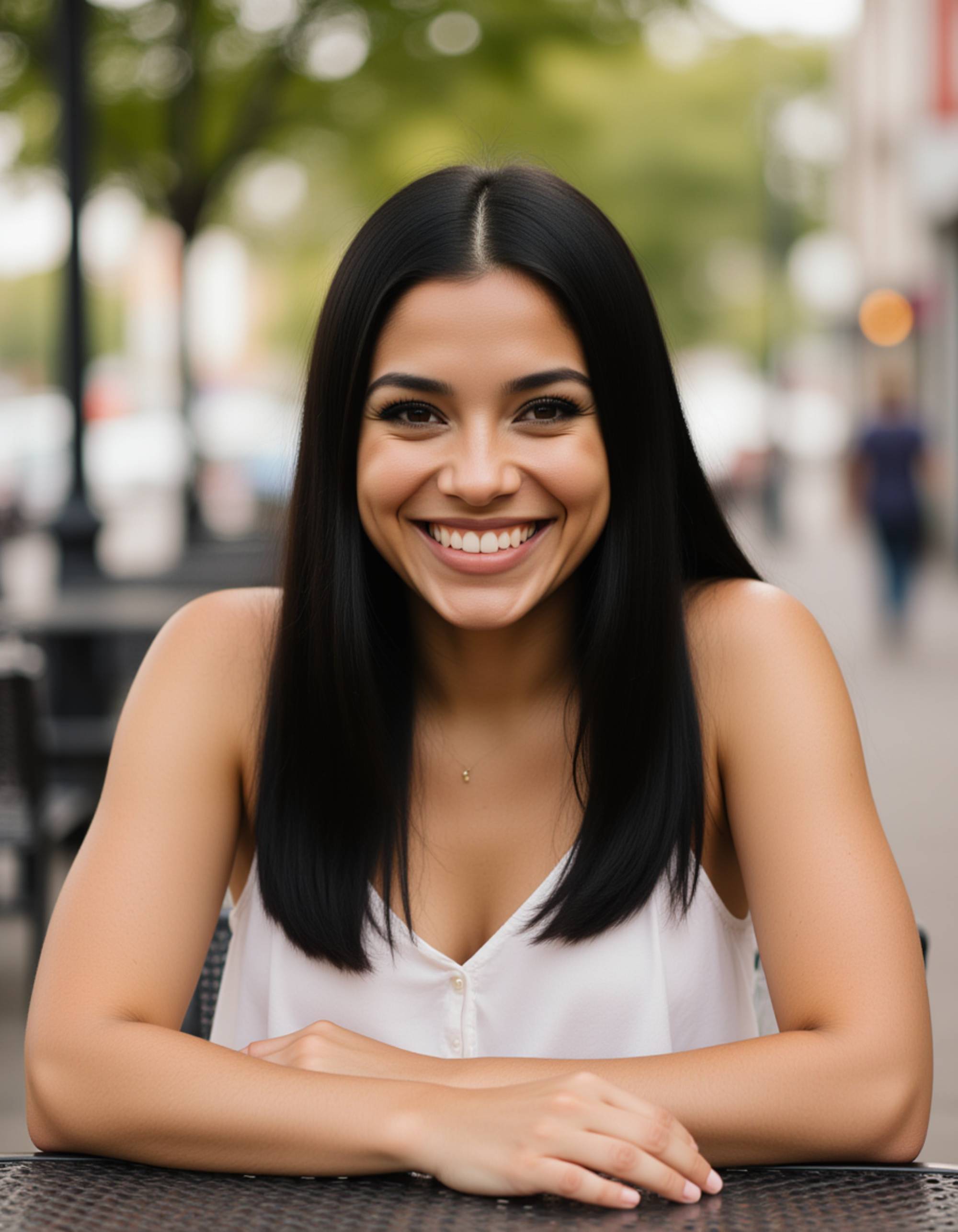 model seated at an outdoor brunch table, natural glow, subtle makeup, friendly expression, lively background softly blurred for a Hinge-style portrait