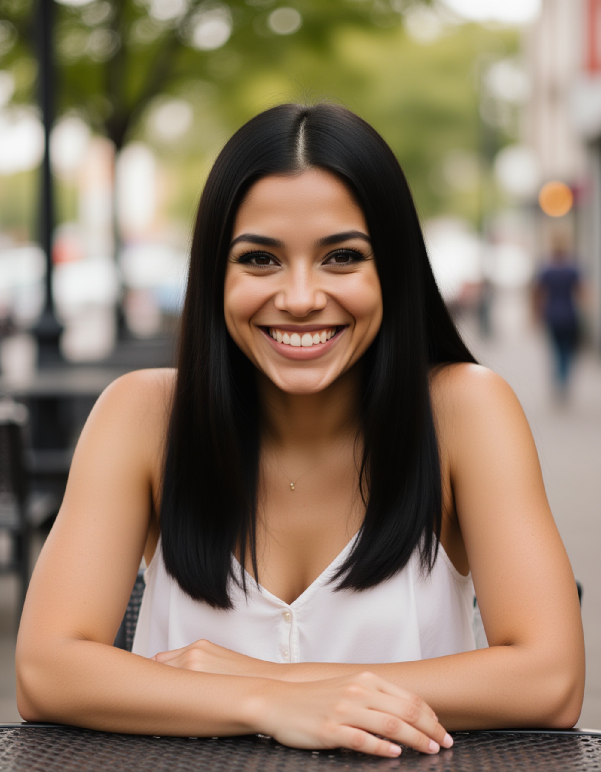 model seated at an outdoor brunch table, natural glow, subtle makeup, friendly expression, lively background softly blurred for a Hinge-style portrait