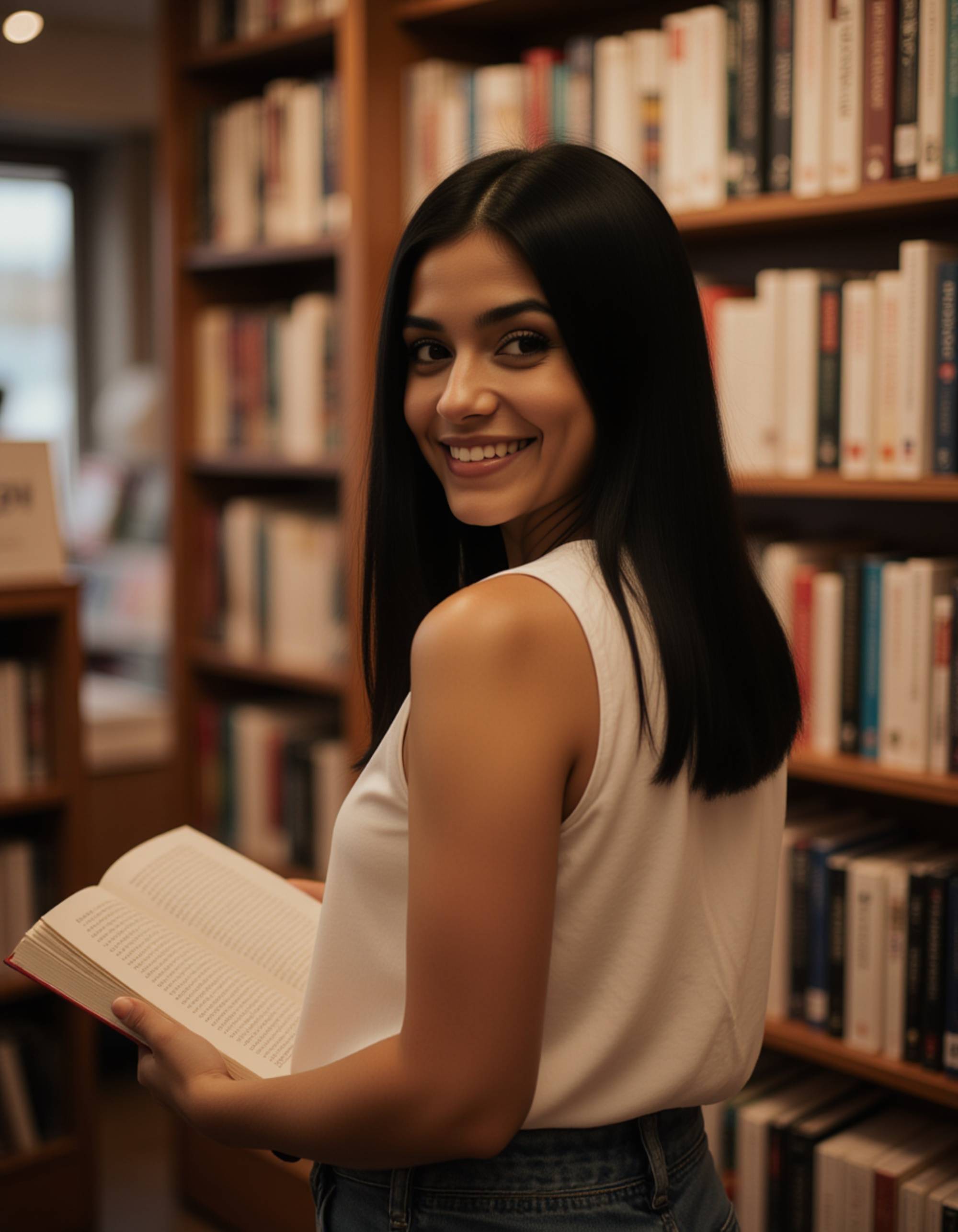 model exploring a bookshop aisle, soft warm tones, candid smile while looking over the shoulder, cozy and approachable atmosphere