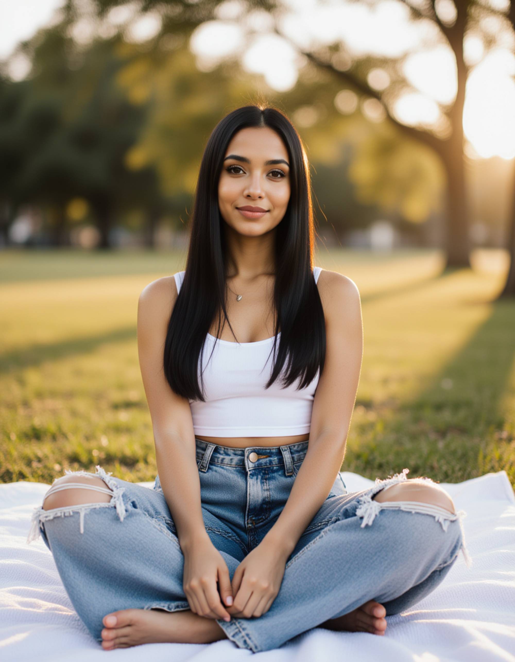 model sitting on a blanket at a quiet park, soft sunlight, serene expression, casual outfit, clean and inviting lifestyle portrait