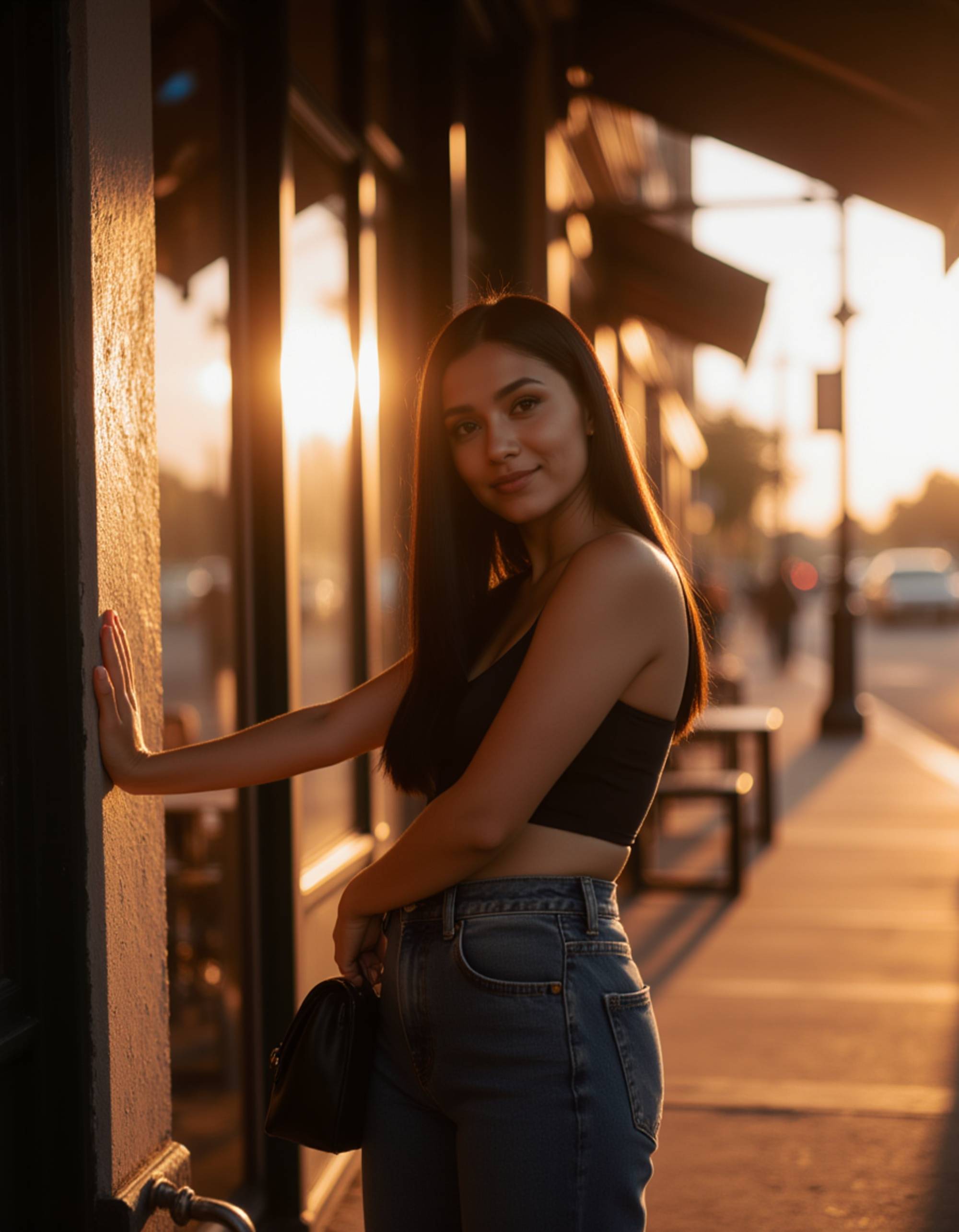 model standing near a cafe window during golden hour, warm reflections, relaxed pose, elegant simplicity ideal for a dating-app photo
