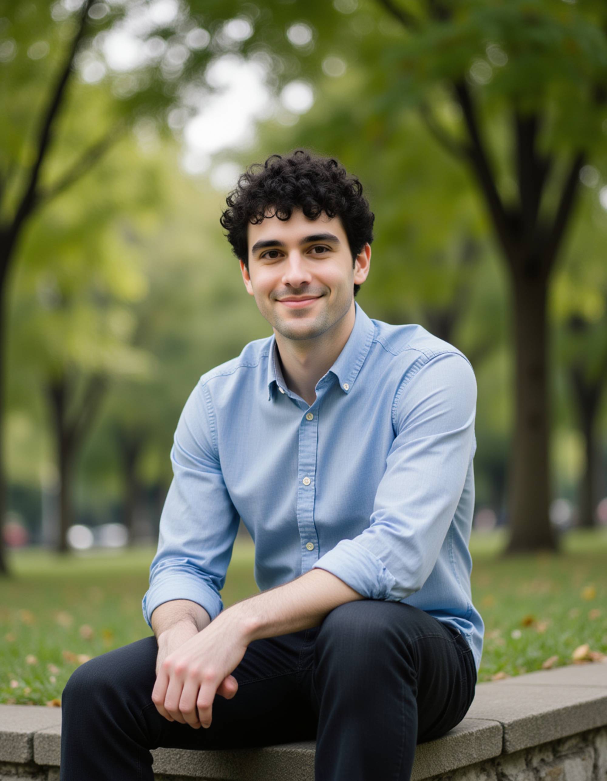 model sitting on a low stone wall in a city park, relaxed lean, confident half-smile, natural greenery and soft daylight creating an inviting dating-profile look