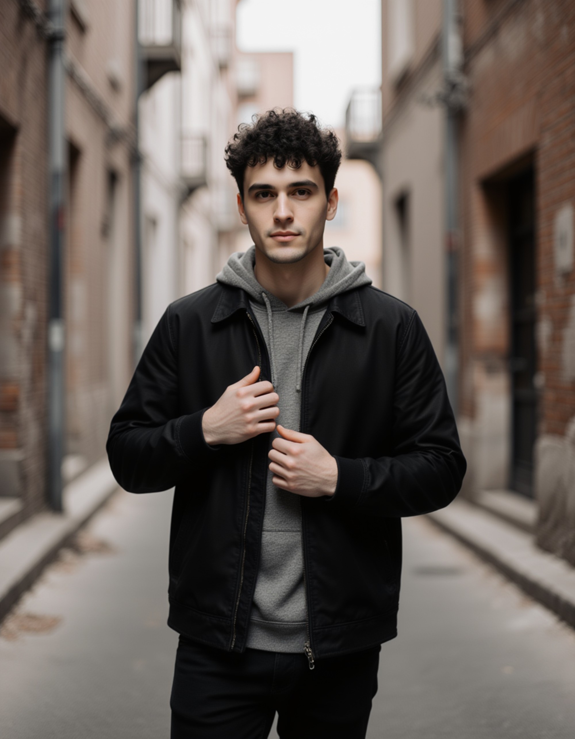 model adjusting a jacket while standing on a quiet street, subtle movement, clean styling, natural background blur for a polished Hinge-style portrait
