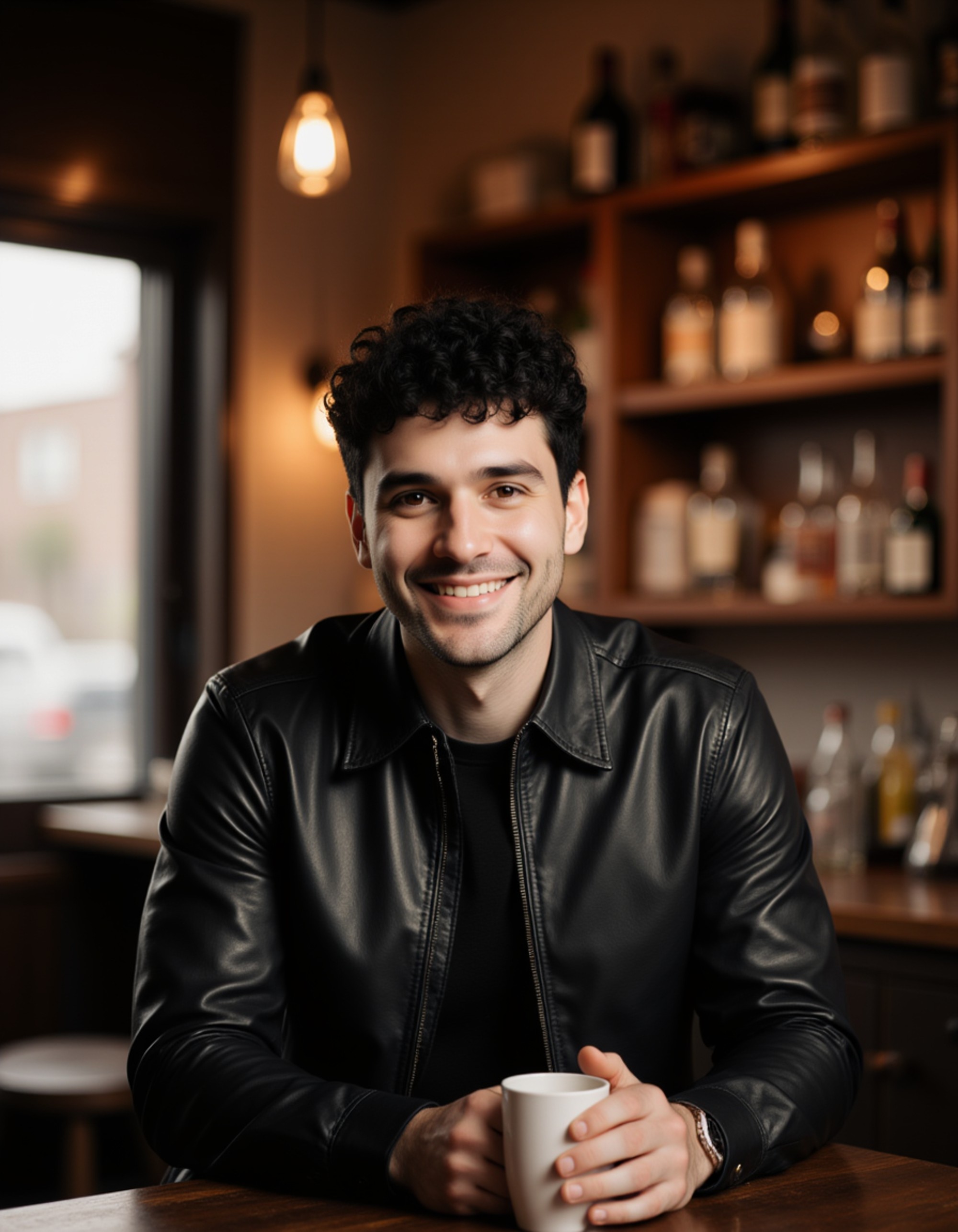 model seated at a wooden cafe bar, warm ambient lighting, candid smile while holding a cup, cozy lifestyle feel ideal for a dating profile