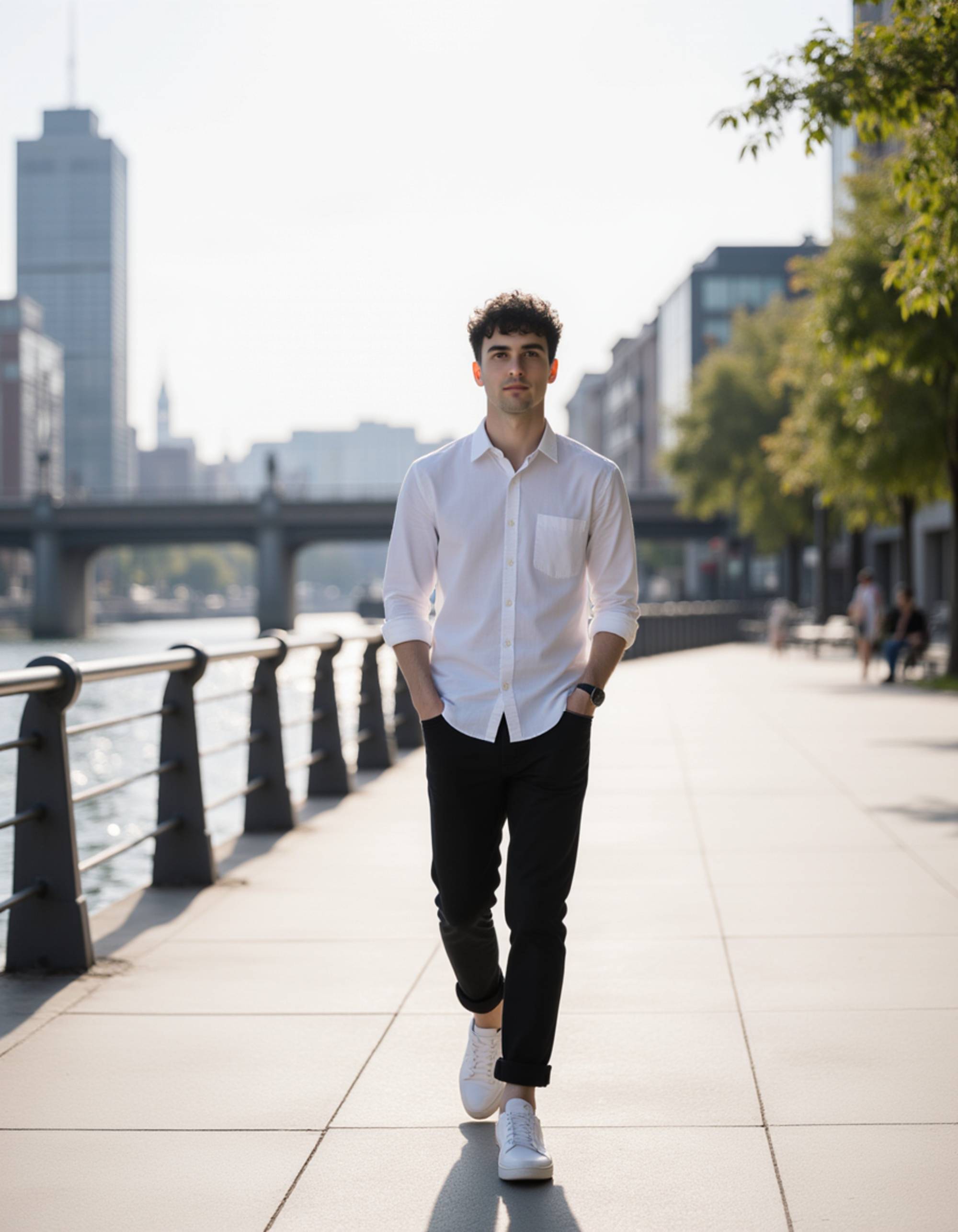 model walking along a modern riverside promenade, clean urban lines, relaxed stride, natural sunlight giving a crisp and approachable look