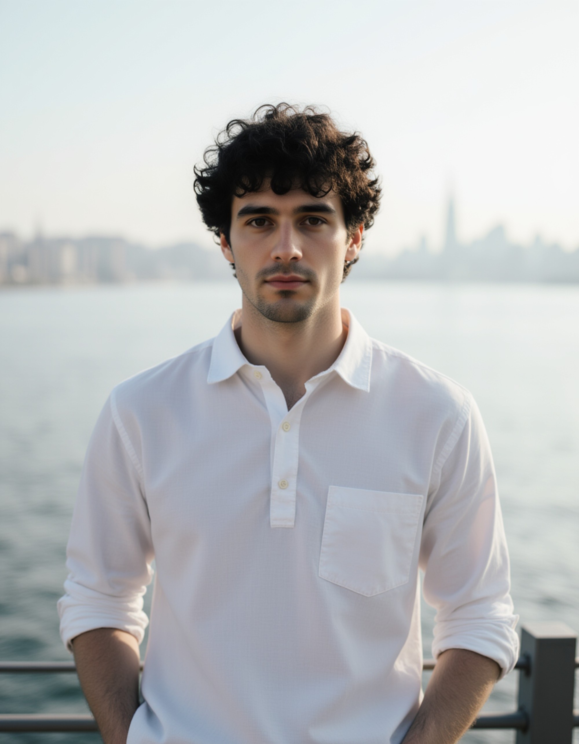 model leaning on a railing overlooking water, calm expression, slightly tousled hair from the breeze, minimalistic composition suited for Hinge photos