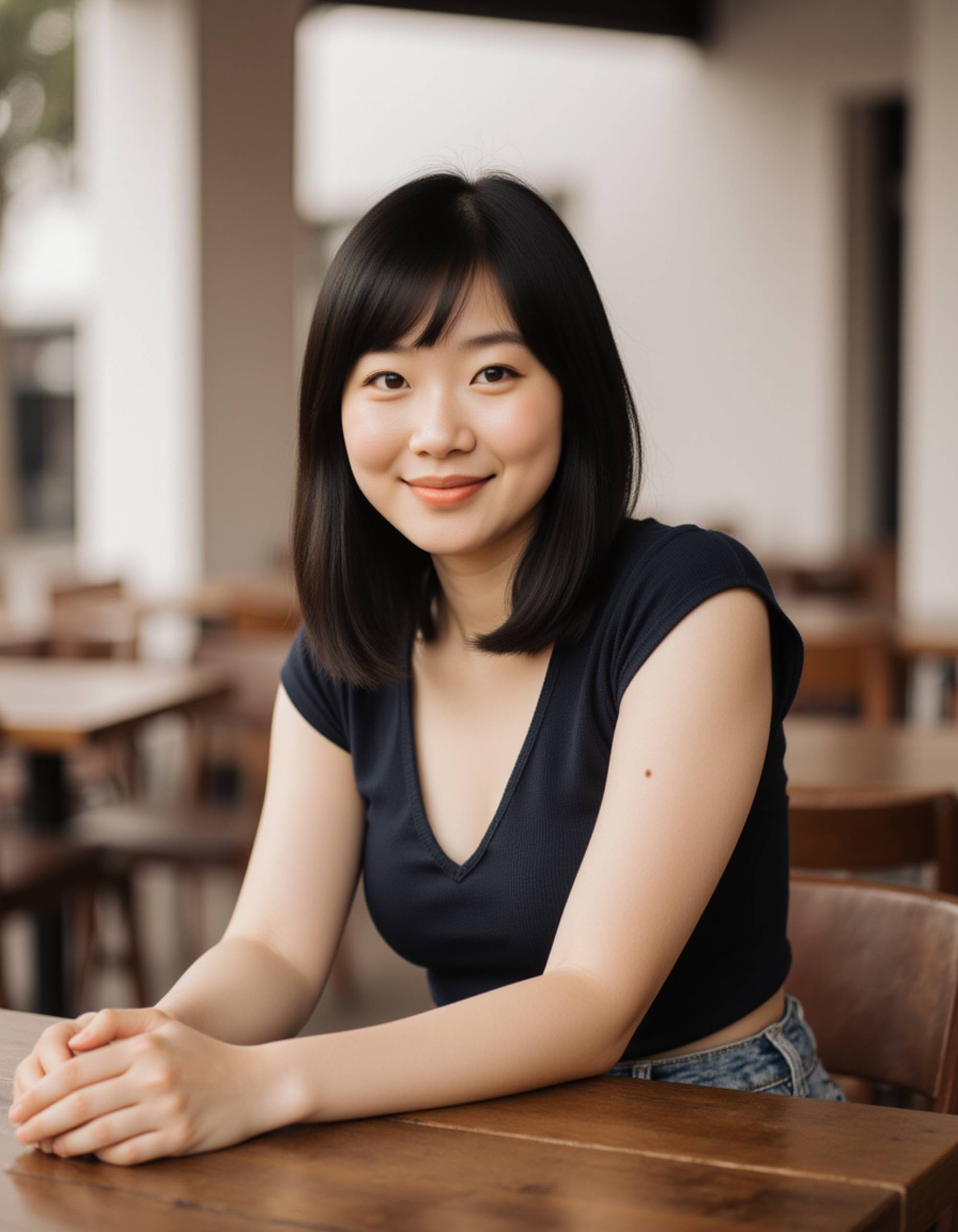 model sitting at a rustic outdoor café table, soft midday light, relaxed posture, bright and authentic smile for a warm dating-profile feel