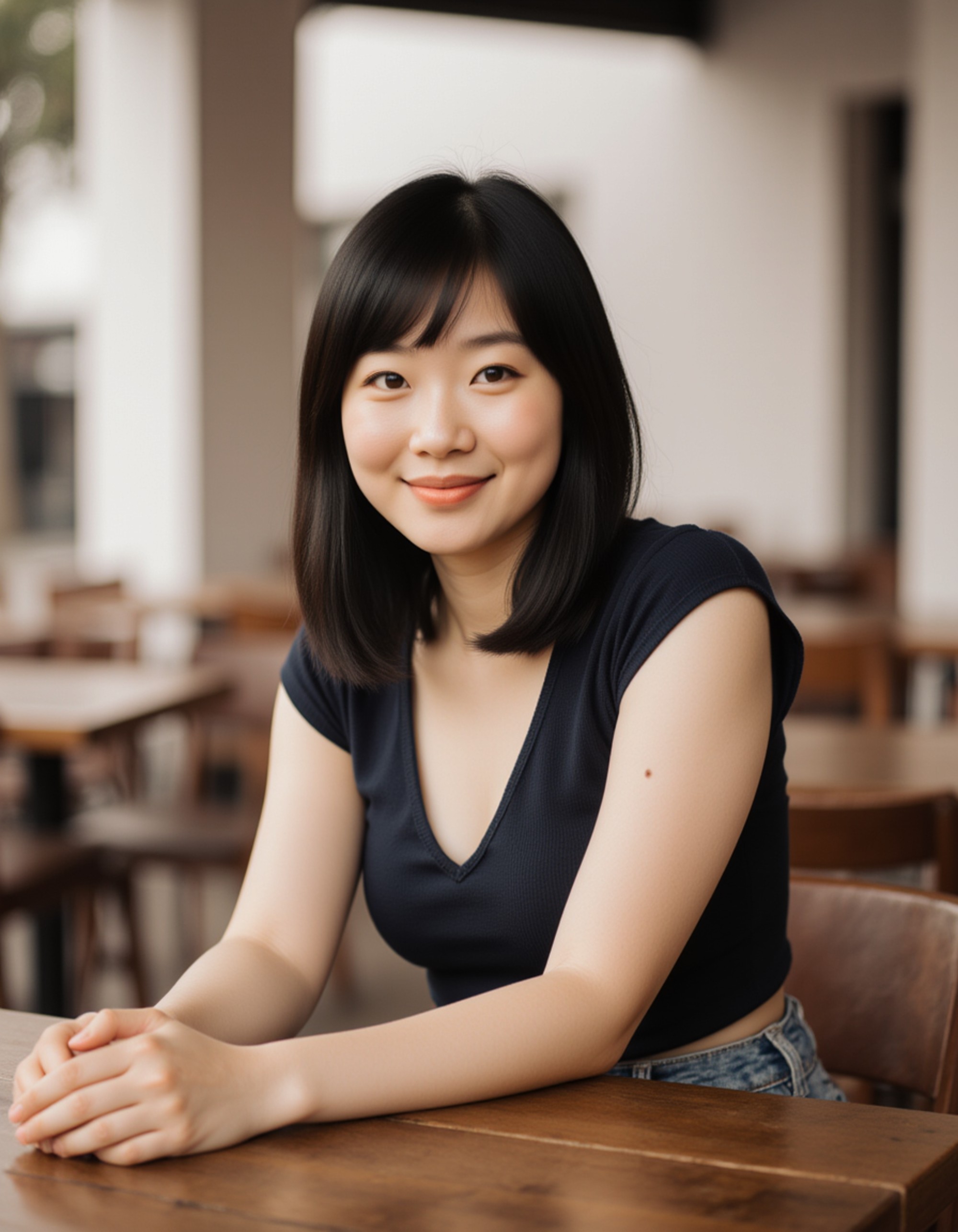 model sitting at a rustic outdoor café table, soft midday light, relaxed posture, bright and authentic smile for a warm dating-profile feel