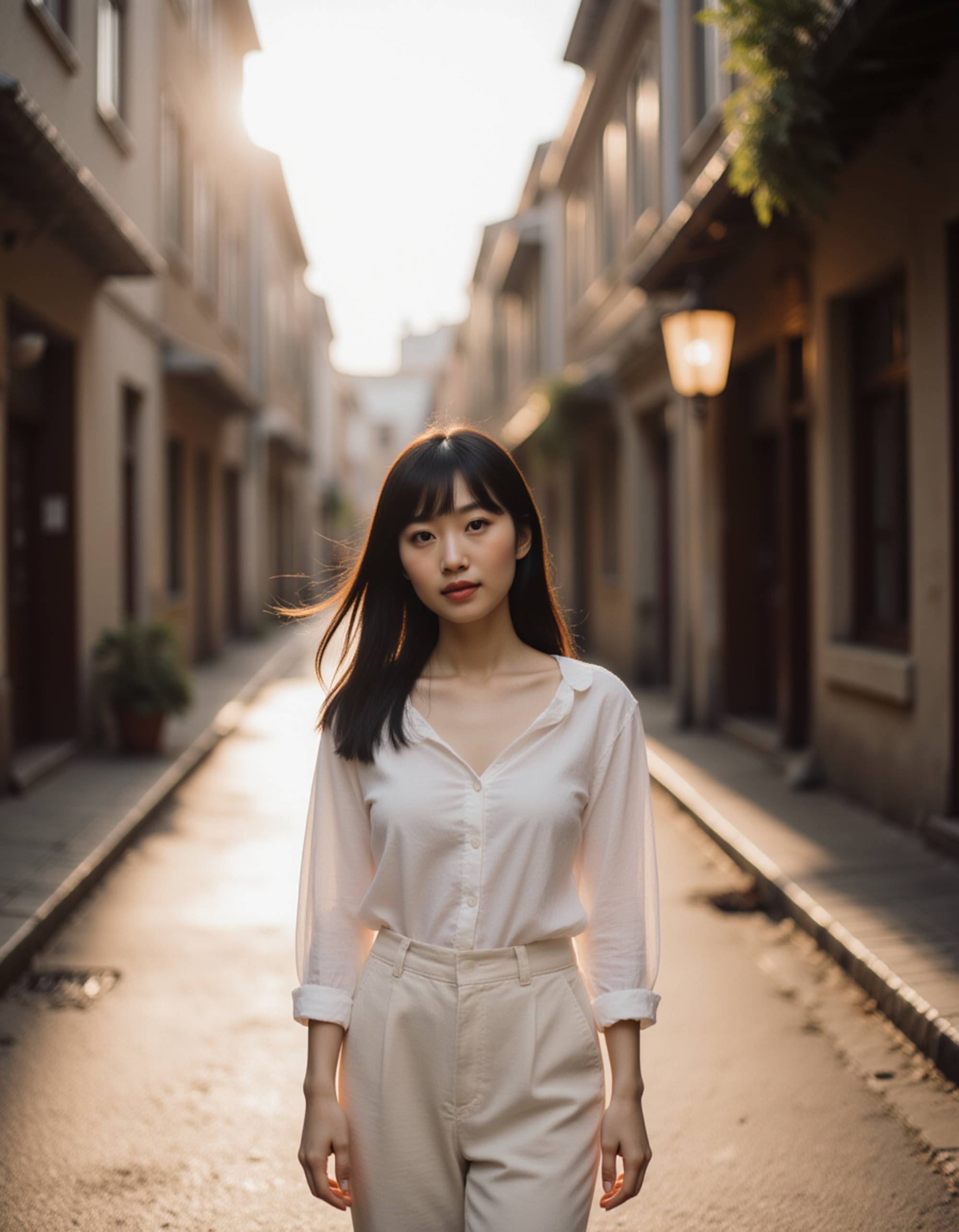 model walking through a charming old-town street, gentle movement, natural glow, subtle hair flow, candid look perfect for a Hinge-style portrait