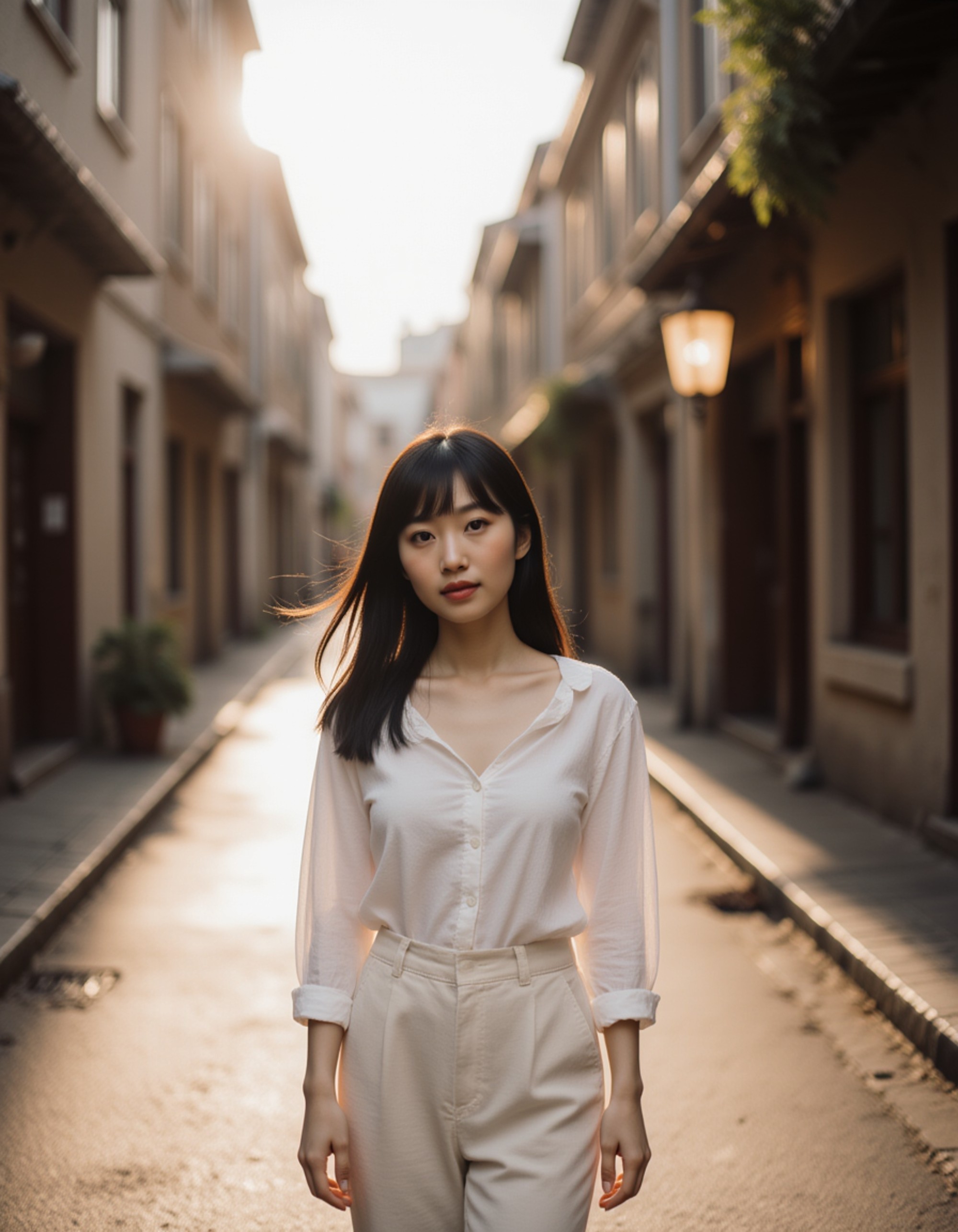 model walking through a charming old-town street, gentle movement, natural glow, subtle hair flow, candid look perfect for a Hinge-style portrait