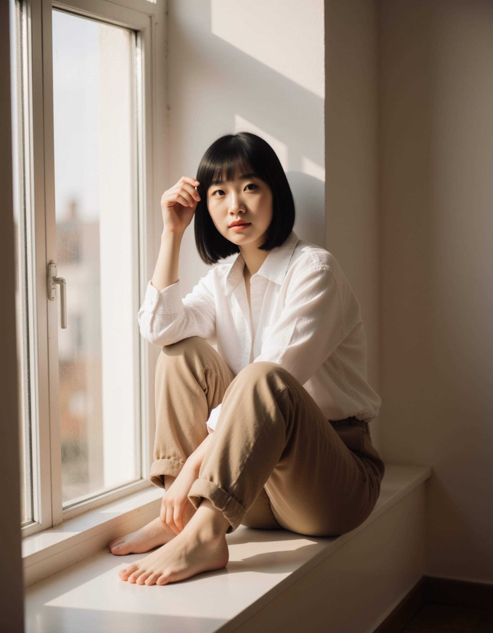 model seated on a windowsill with soft daylight highlighting the face, calm expression, cozy atmosphere and clean minimal backdrop