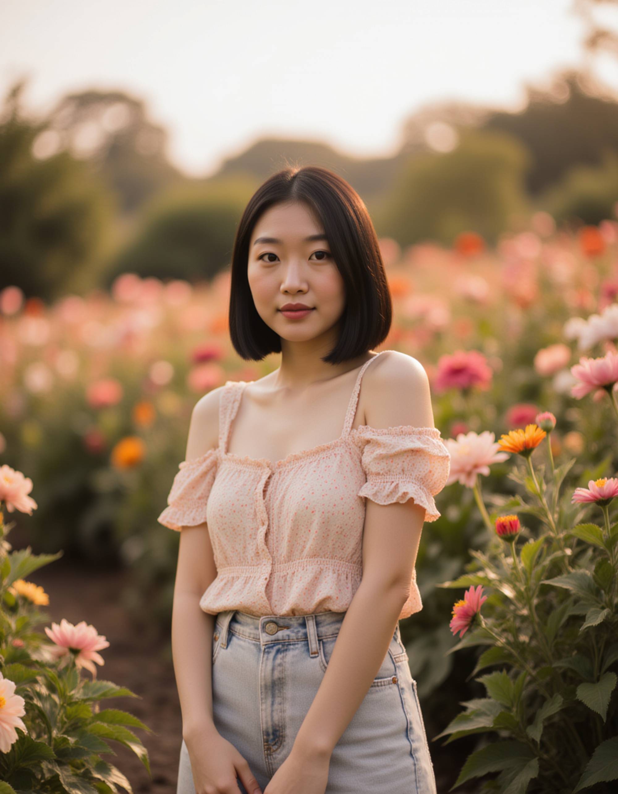 model standing near blooming flowers in a garden, gentle smile, warm tones, inviting lifestyle vibe ideal for a dating-app profile