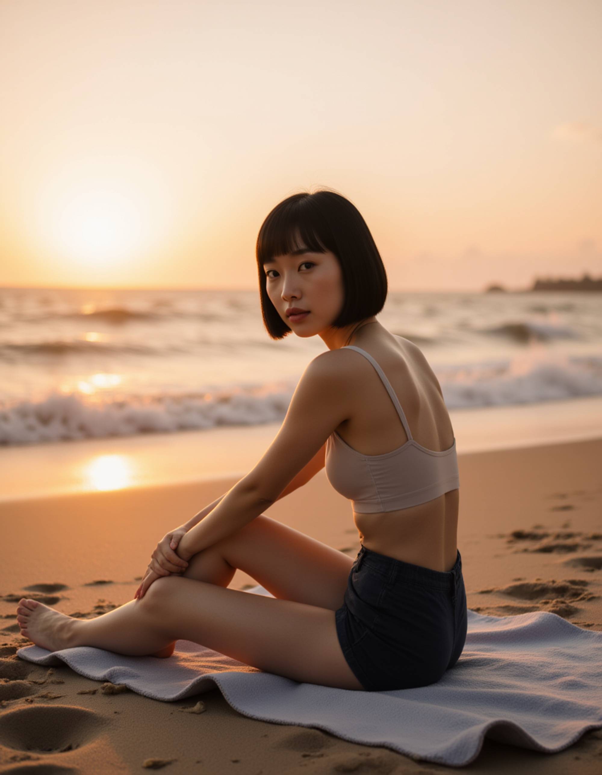 model sitting on a beach towel during golden hour, relaxed pose, serene expression, warm horizon glow creating a cinematic Hinge-style shot