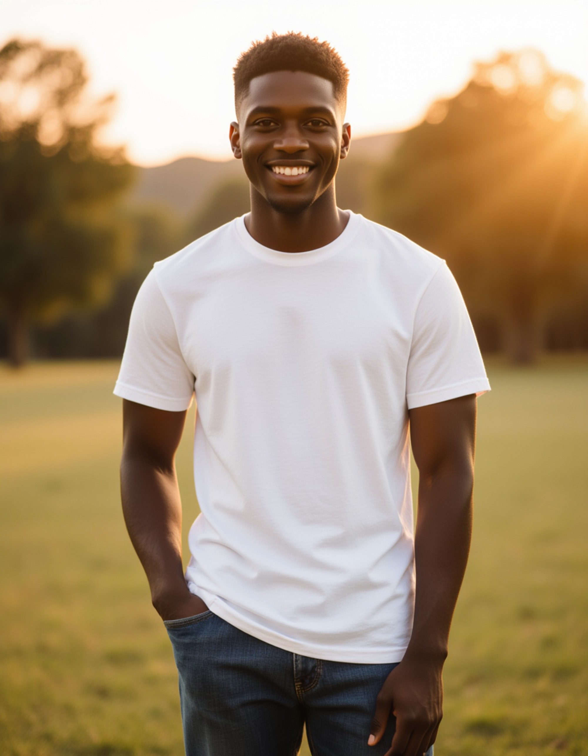 casual outdoor portrait with soft golden-hour lighting, wearing a clean fitted tee and relaxed jeans, giving a warm approachable vibe suited for AI Bumble Photos