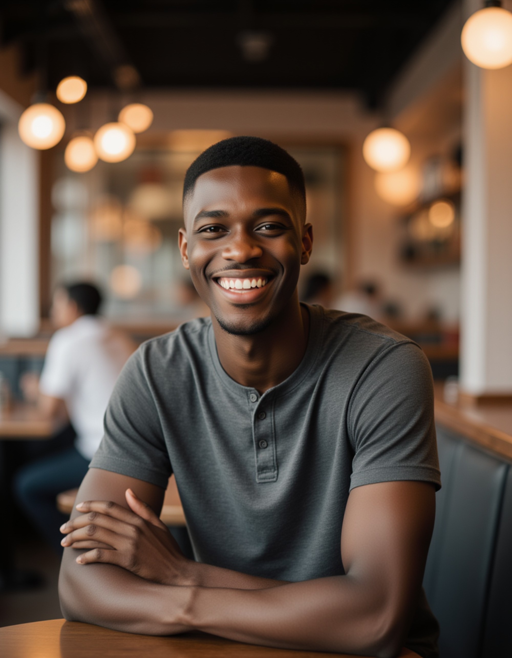 sitting at a modern coffee shop table, natural laugh captured mid-conversation, warm tones and shallow depth of field for a friendly dating-profile mood