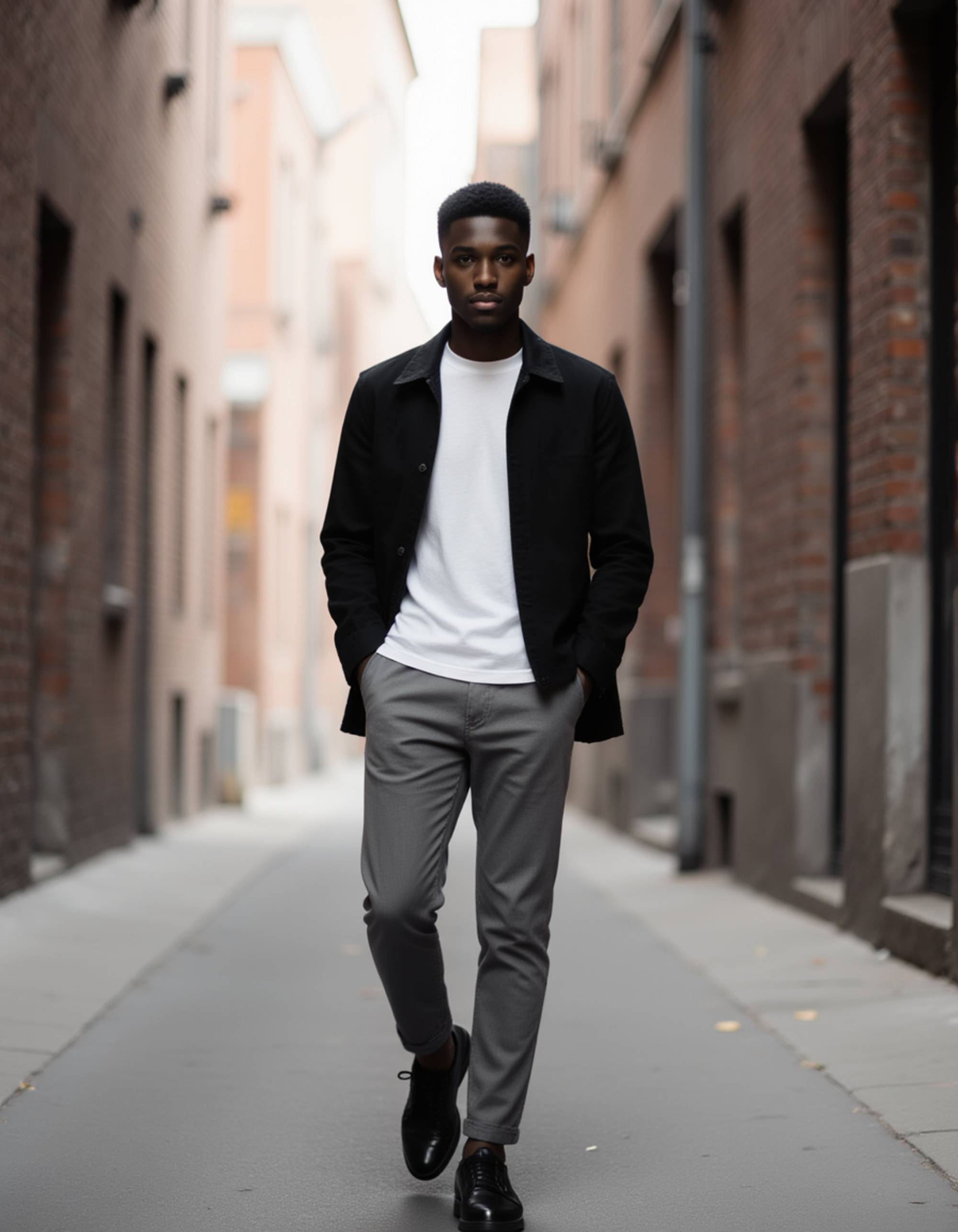 walking confidently on a quiet city street, hands in pockets, subtle motion blur behind, crisp styling with a relaxed yet intentional pose