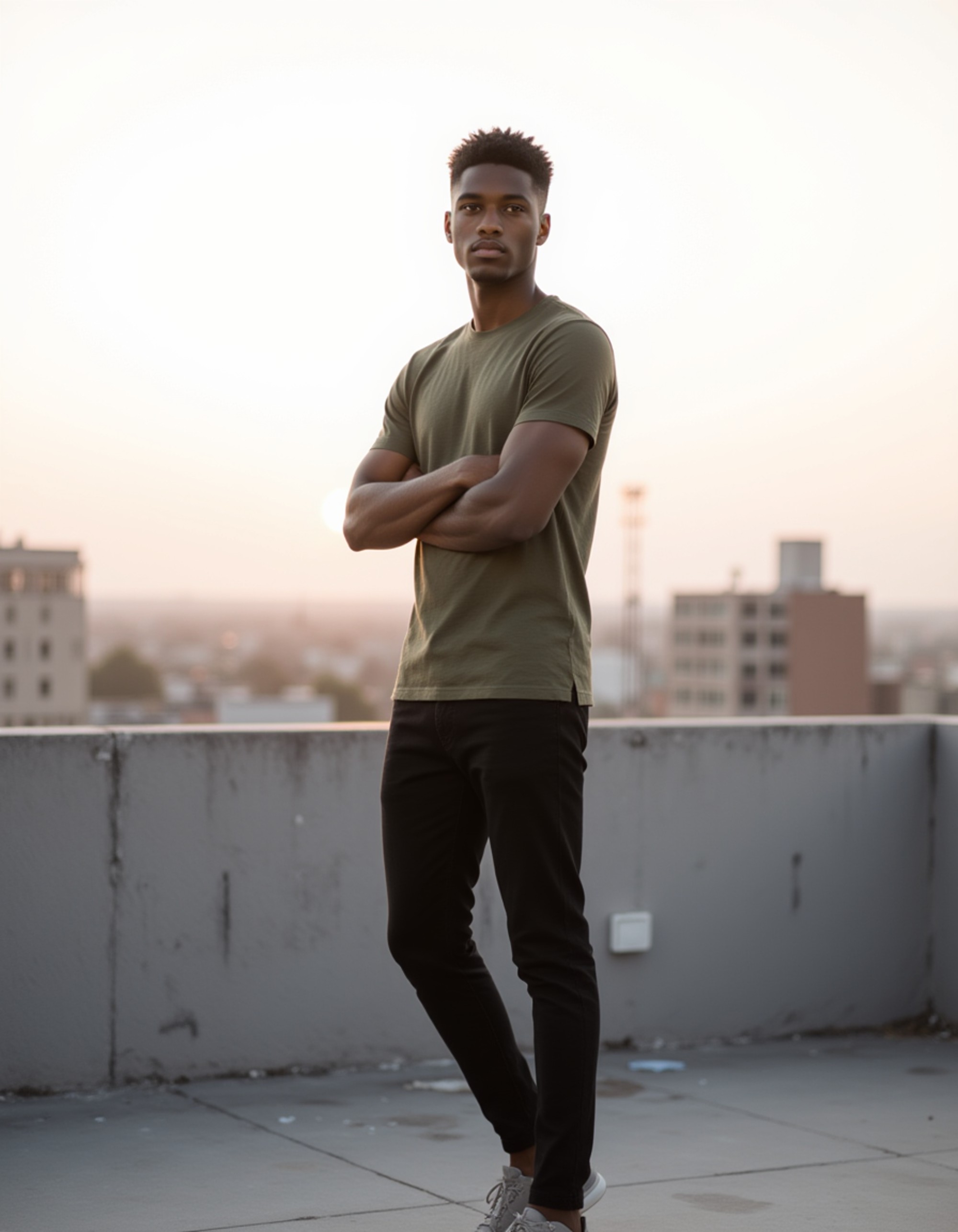 posed on a rooftop with soft skyline backdrop, sleeves slightly rolled, candid look away from camera that feels authentic and effortless