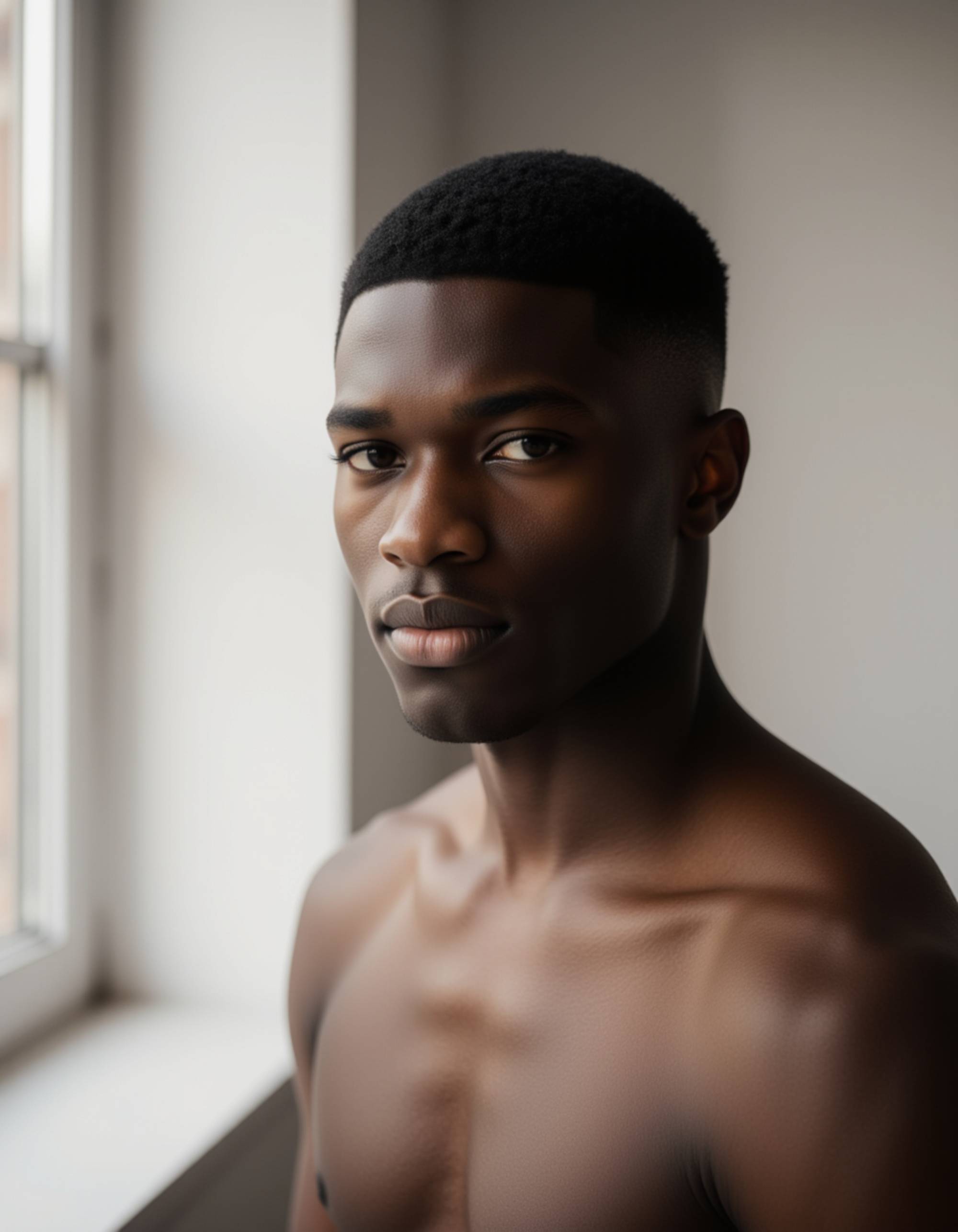 clean indoor portrait by a window, soft shadows across the face, minimalist aesthetic and a genuine half-smile that fits perfectly for modern dating photos