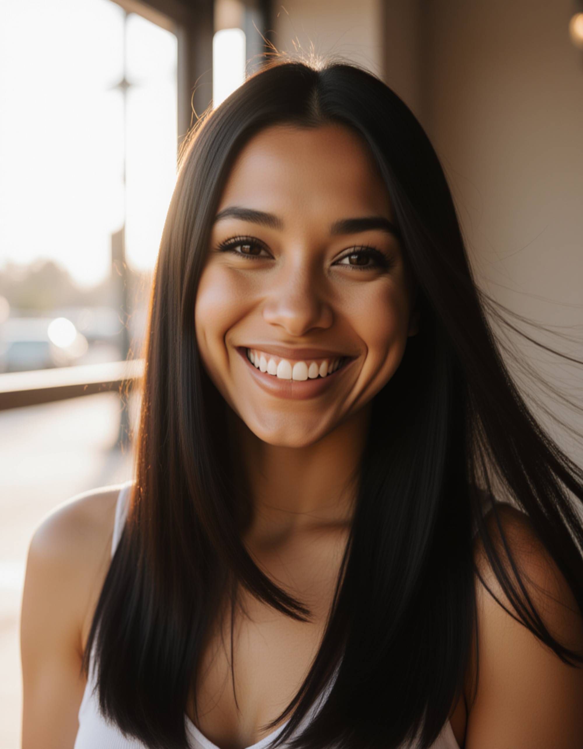 soft natural-light portrait near a window, gentle hair movement and a relaxed smile, creating an inviting and authentic vibe perfect for AI Bumble Photos