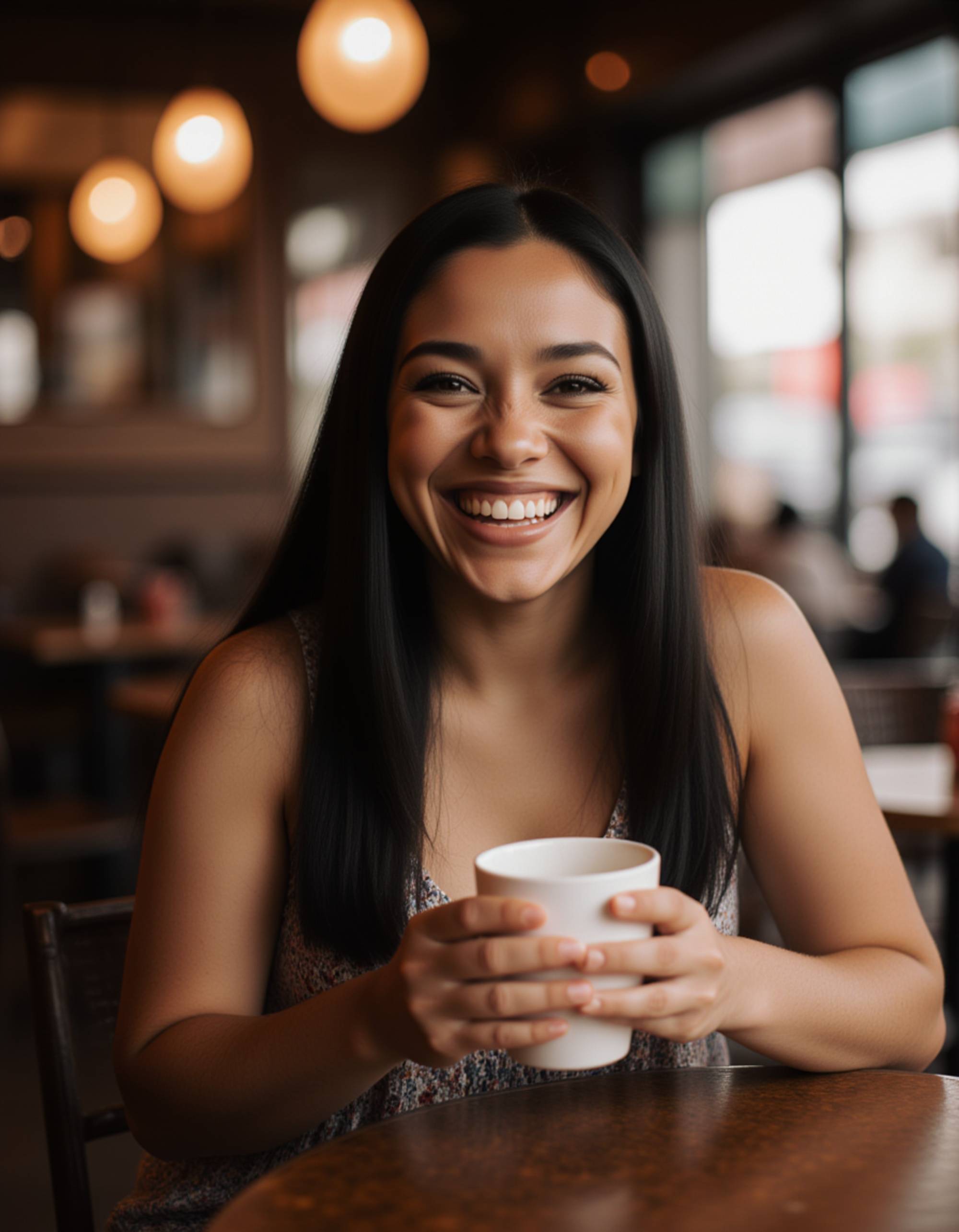 candid moment in a cozy café, warm tones, hands wrapped around a cup, effortless charm with a subtle laugh captured mid-expression