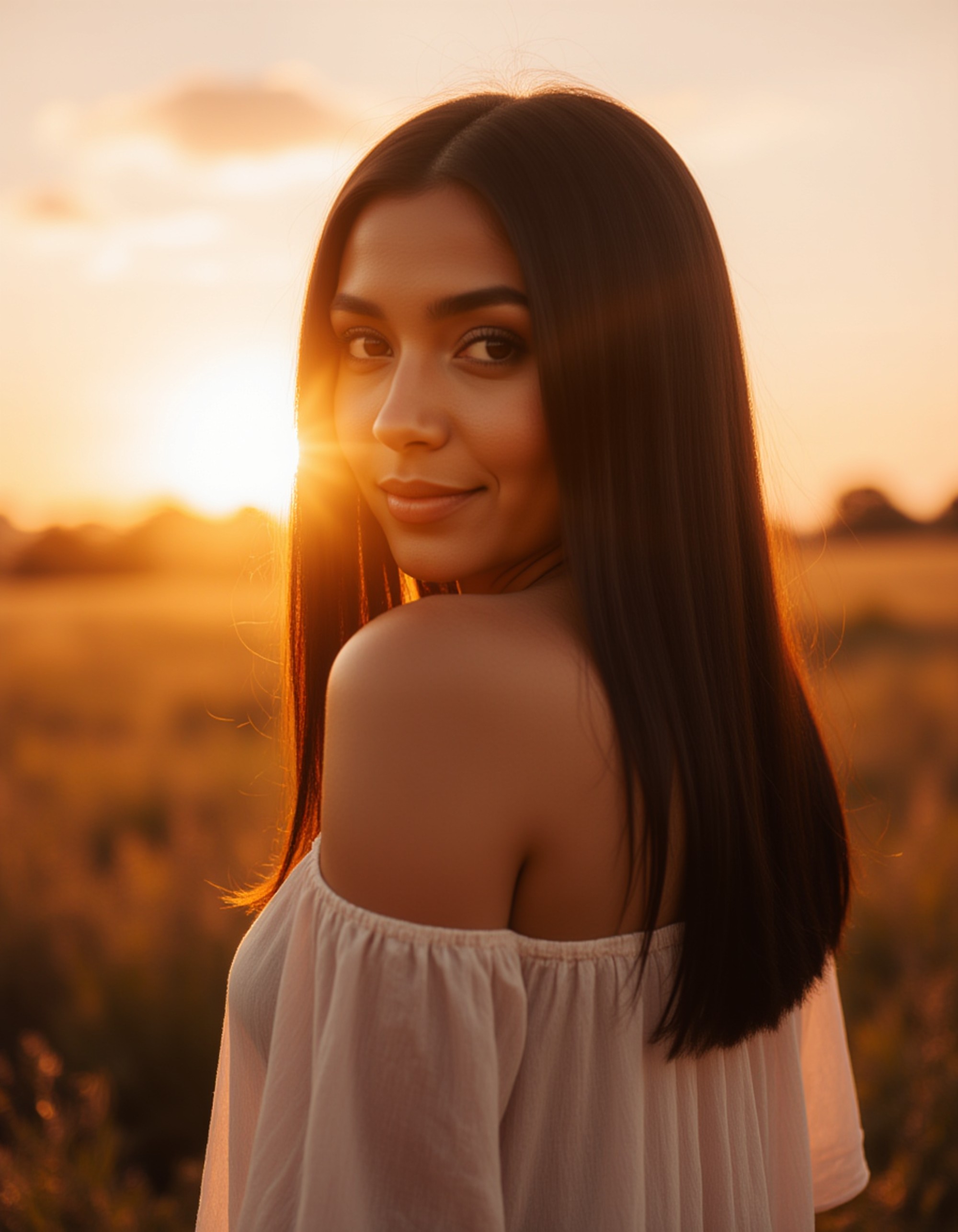 sunset outdoor shot with glowing backlight, wearing a simple flowy outfit, serene expression and dreamy atmosphere ideal for a dating profile
