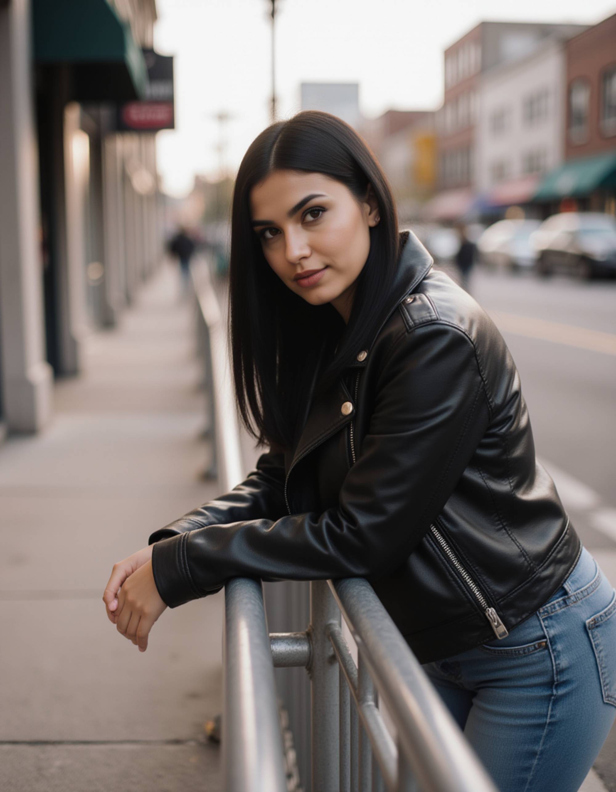 urban street-style look, leaning lightly on a railing, confident posture with a soft gaze, modern and approachable aesthetic