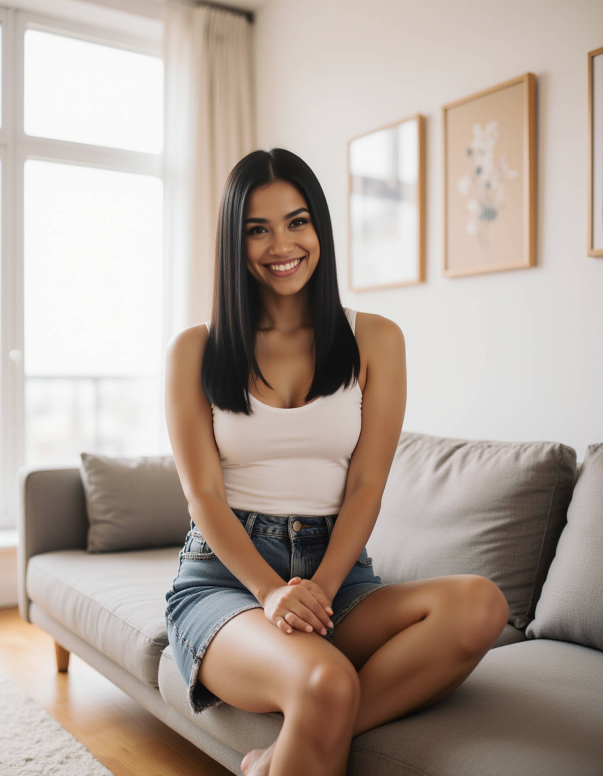minimalist indoor setting with clean decor, natural pose seated on a sofa edge, bright airy tones and a genuine, friendly smile