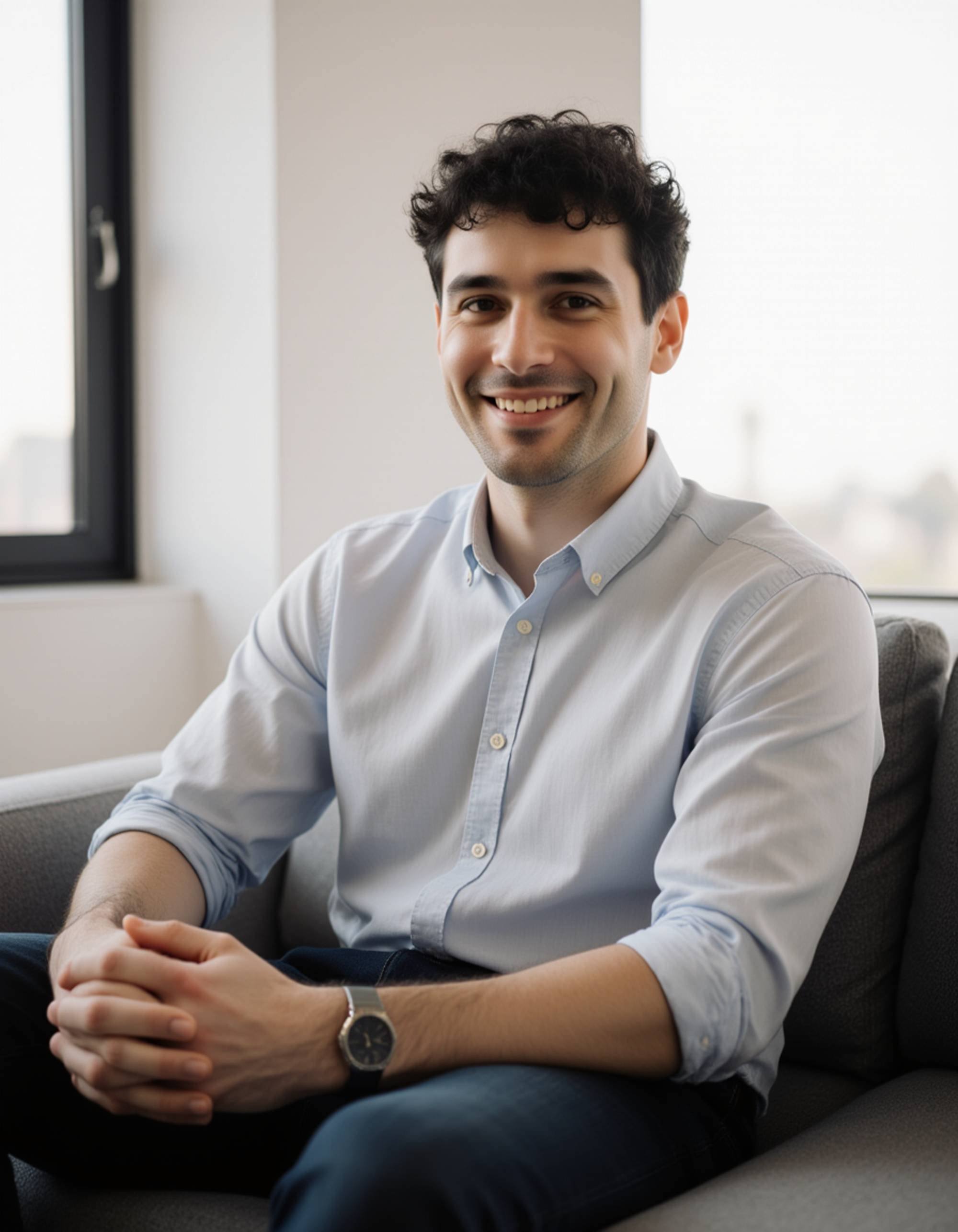 clean lifestyle portrait in a bright apartment, relaxed posture on the couch, natural smile and subtle morning light for a friendly AI Bumble Photos vibe
