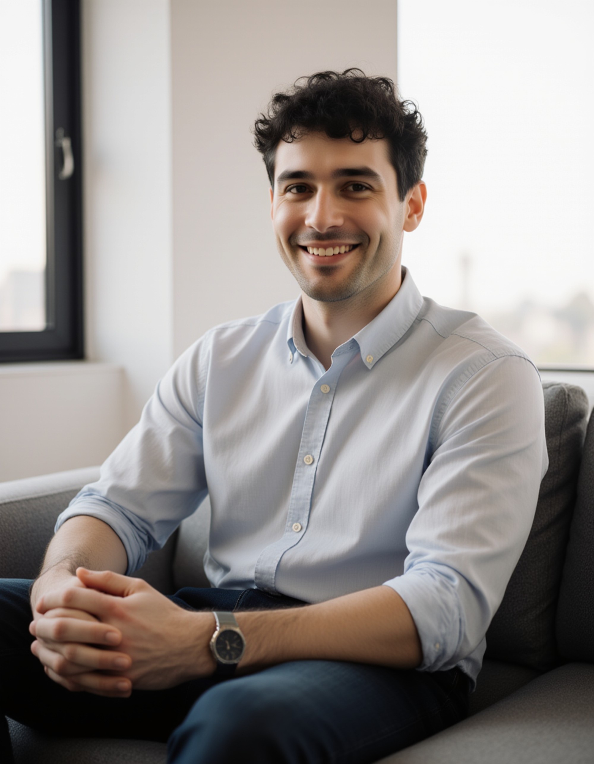 clean lifestyle portrait in a bright apartment, relaxed posture on the couch, natural smile and subtle morning light for a friendly AI Bumble Photos vibe