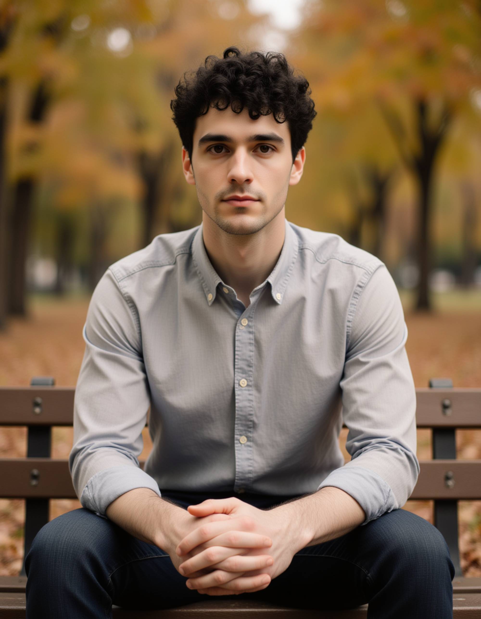 casual outdoor shot in a park, sitting on a bench with hands resting forward, warm tones and a calm approachable expression