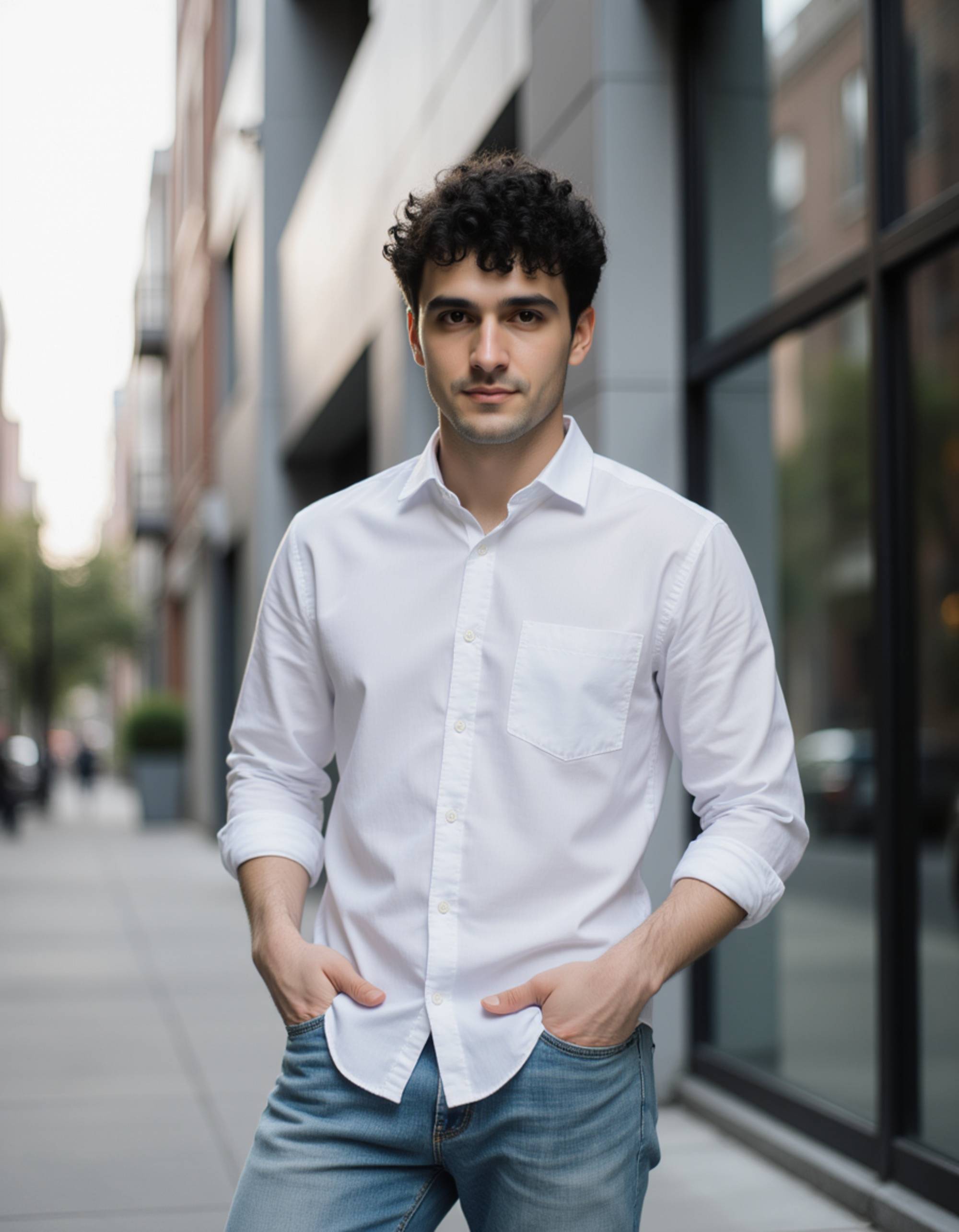 standing near a modern building with soft reflections, confident posture, crisp casual outfit, and an authentic gaze toward the camera