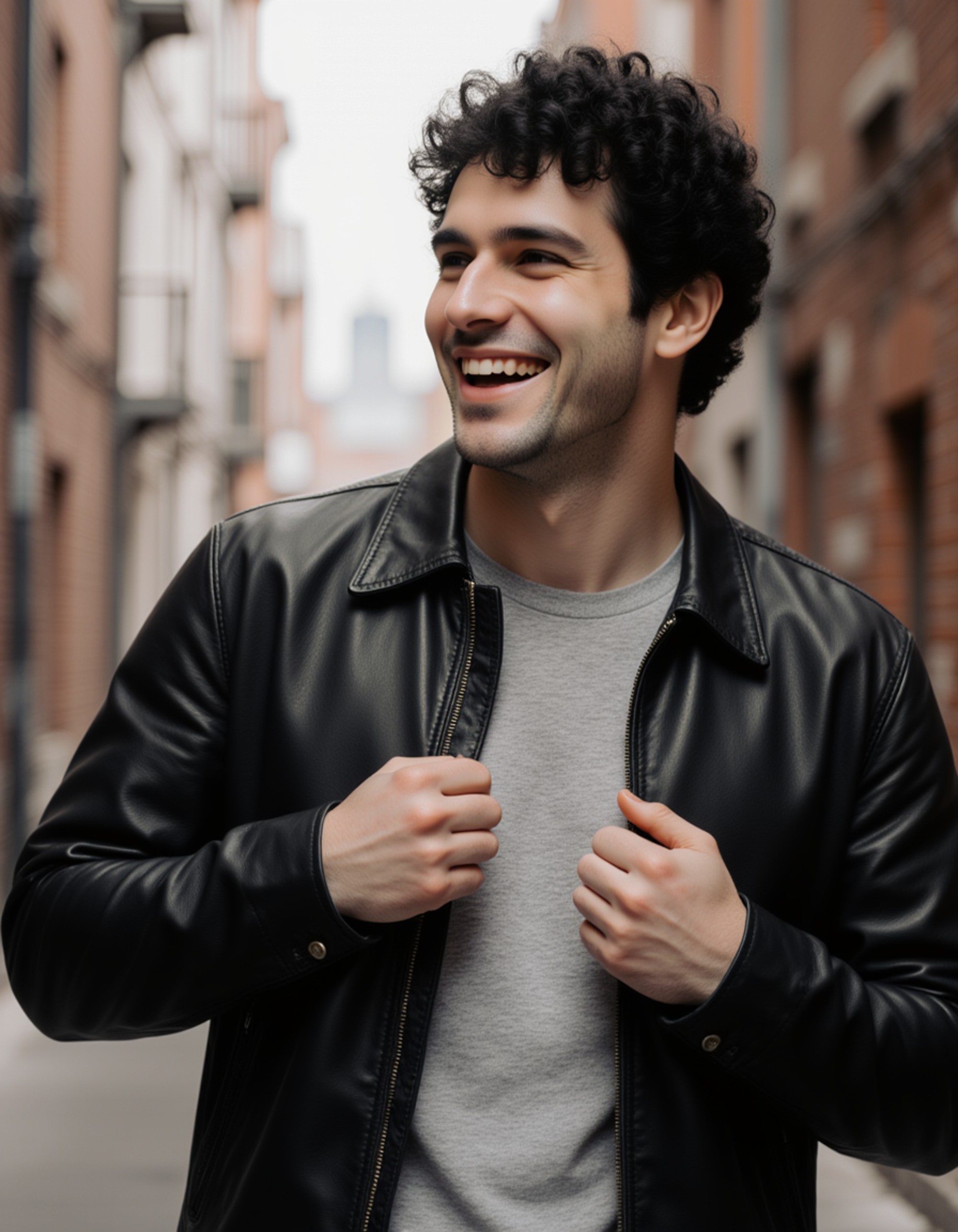 candid laugh captured while adjusting a jacket, slightly blurred city background, energetic and genuine profile-style shot