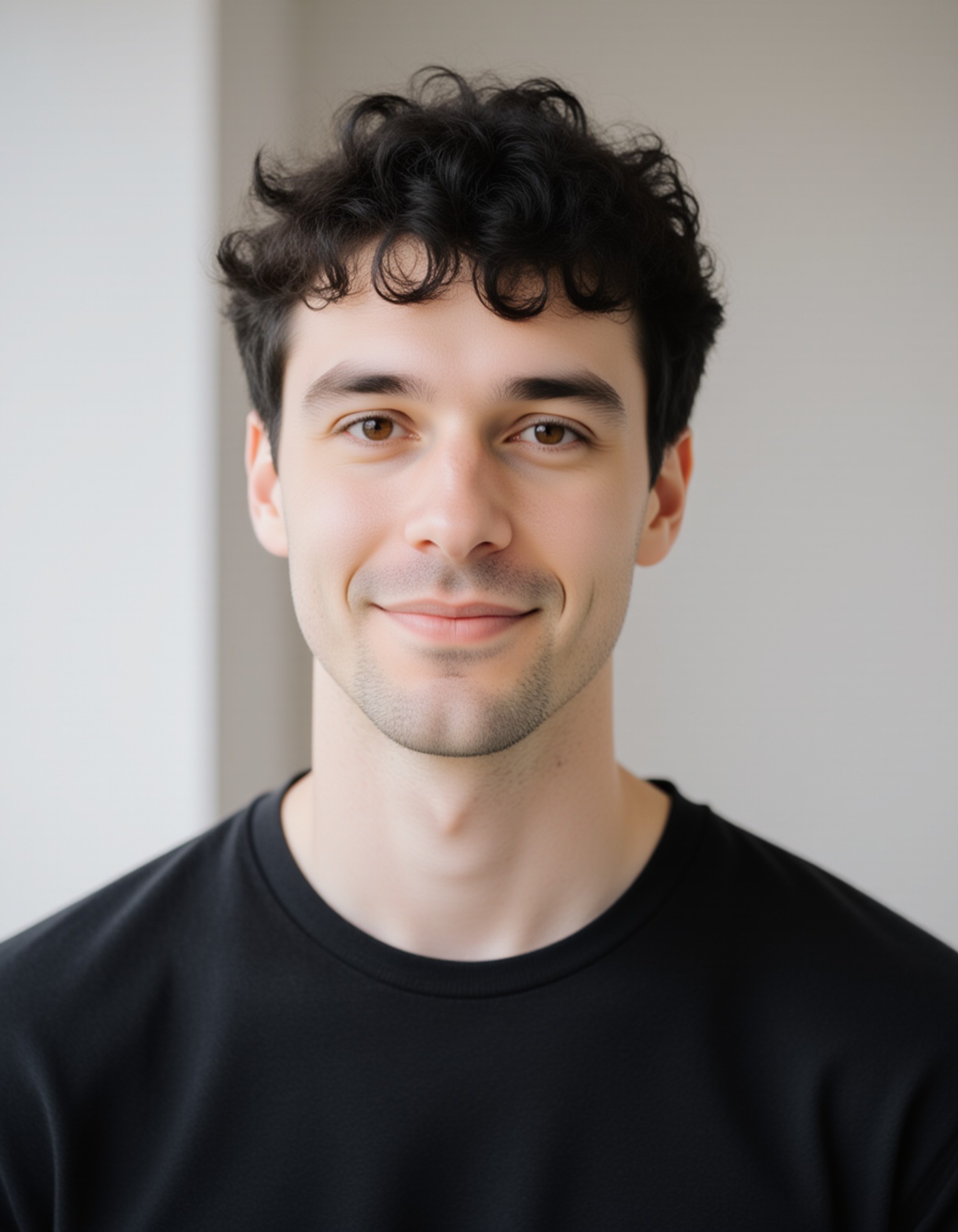 simple indoor portrait against a clean wall, soft directional lighting, relaxed shoulders and a neutral expression that feels warm and trustworthy