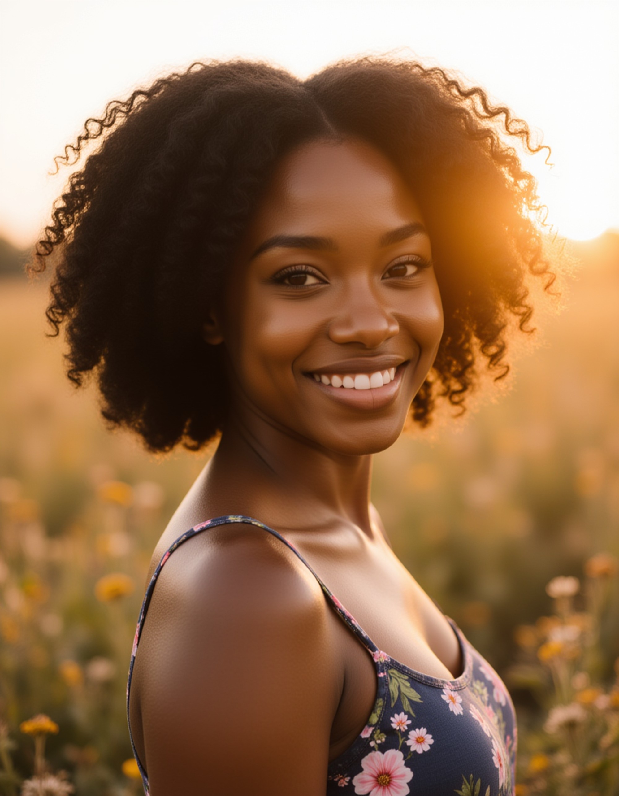 bright outdoor portrait with soft sun flare, gentle smile and relaxed posture, giving a warm approachable energy perfect for AI Bumble Photos