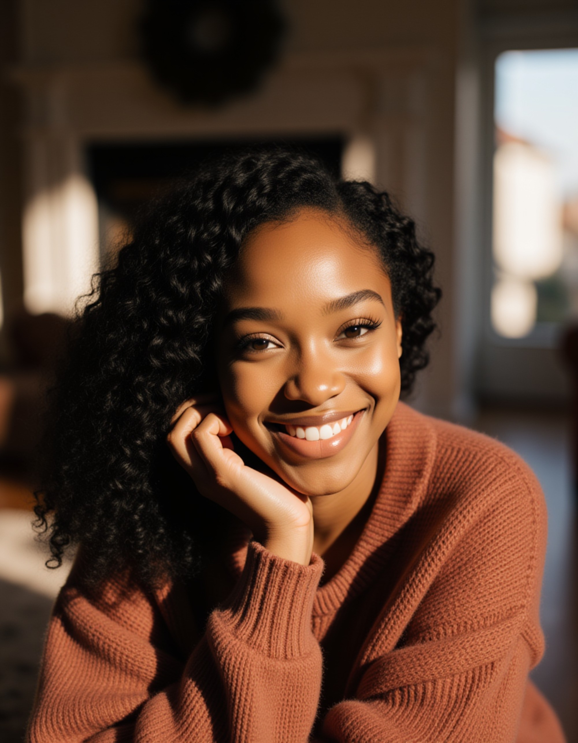 candid moment captured while tucking hair behind the ear, cozy indoor background, natural light and a friendly expression
