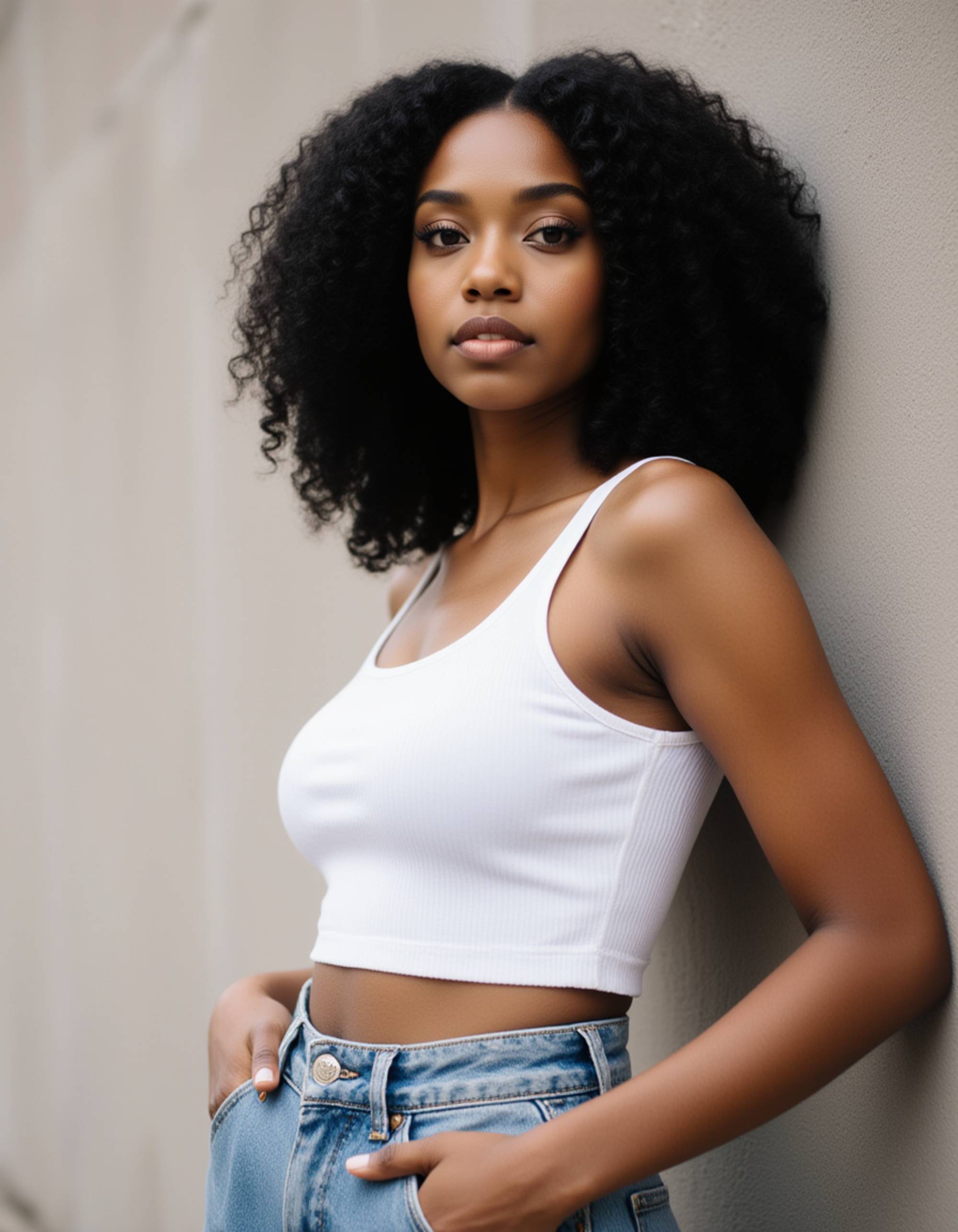 stylish street portrait, leaning slightly against a textured wall, confident yet soft gaze, clean minimal aesthetic