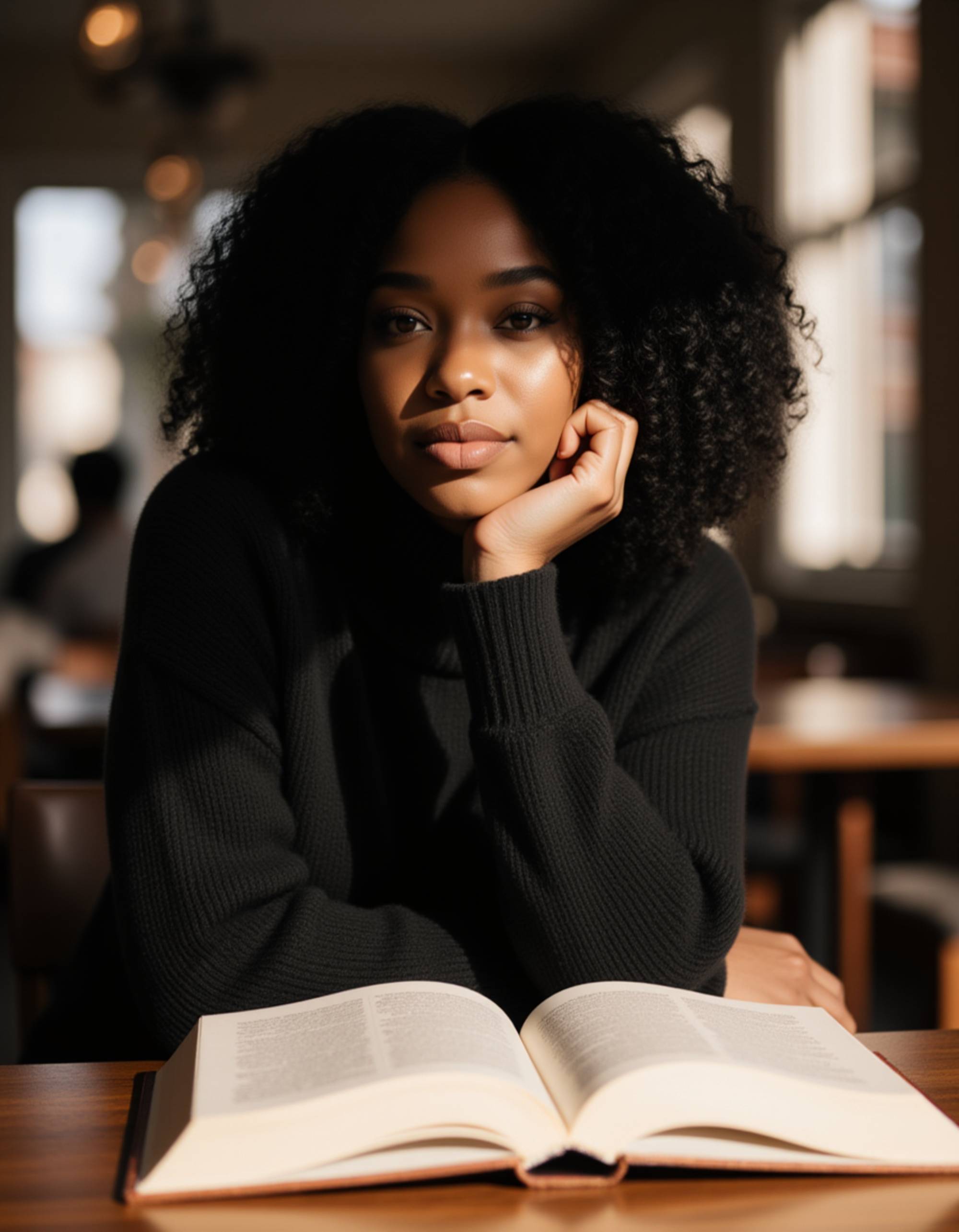 seated at a coffee table with an open book, subtle smile, warm tones and an effortless, genuine vibe ideal for dating photos