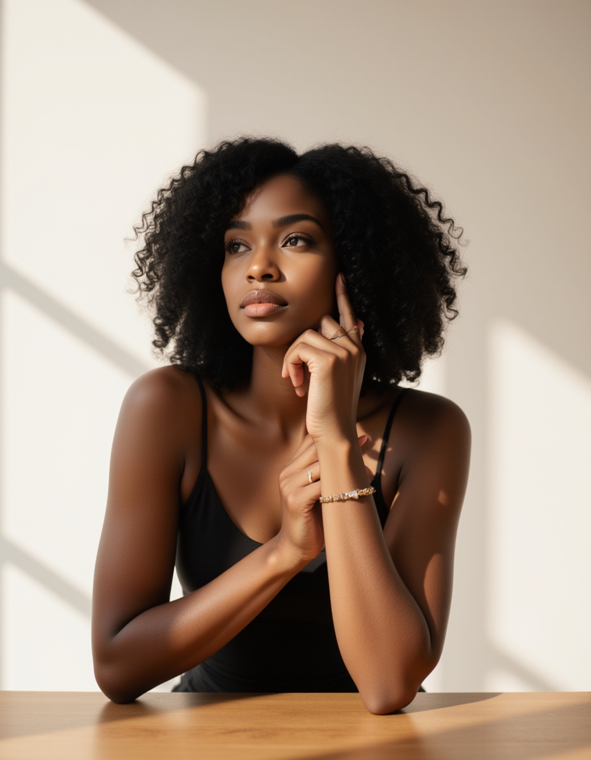 minimalist studio-style shot with airy lighting, relaxed pose with a slight head tilt, modern and elegant atmosphere